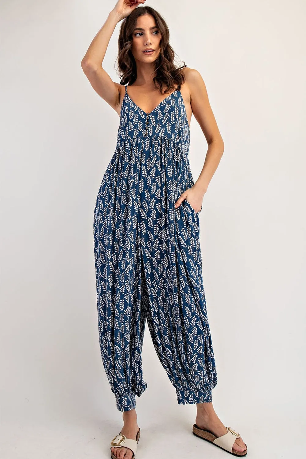 Navy Leaf Print Sleeveless Barrel Leg Jumpsuit sold by Pinkblush product image thumbnail 2