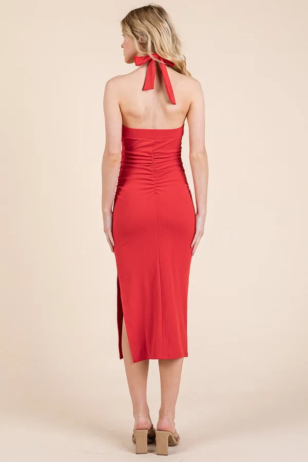 Red Halter Tied Criss-Cross Ribbed Midi Dress sold by Pinkblush product image thumbnail 3