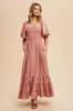 Mauve Smocked Cotton Flutter Sleeve Maxi Dress sold by Pinkblush