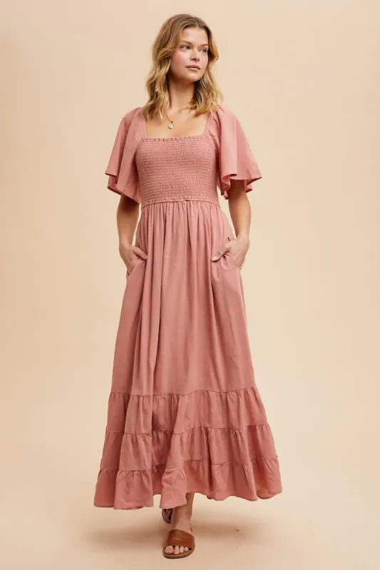 Mauve Smocked Cotton Flutter Sleeve Maxi Dress sold by Pinkblush