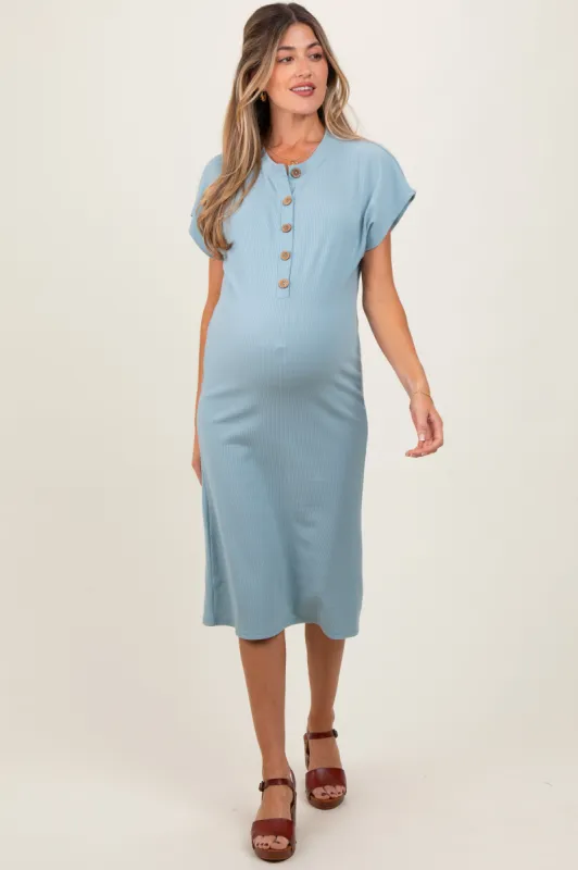 Blue Solid Ribbed Short Sleeve Button Down Knit Maternity Midi Dress sold by Pinkblush