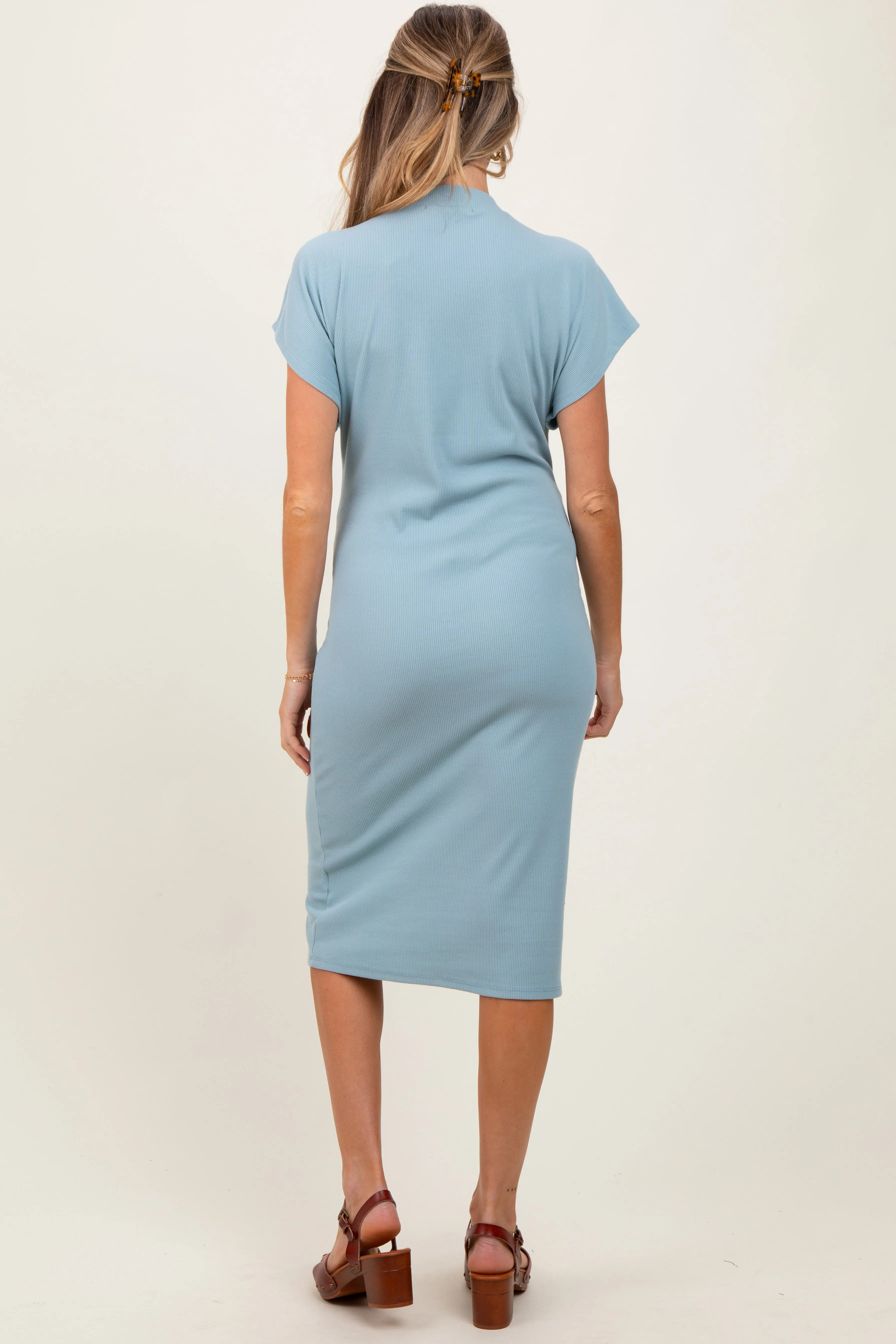 Blue Solid Ribbed Short Sleeve Button Down Knit Maternity Midi Dress sold by Pinkblush product image thumbnail 2