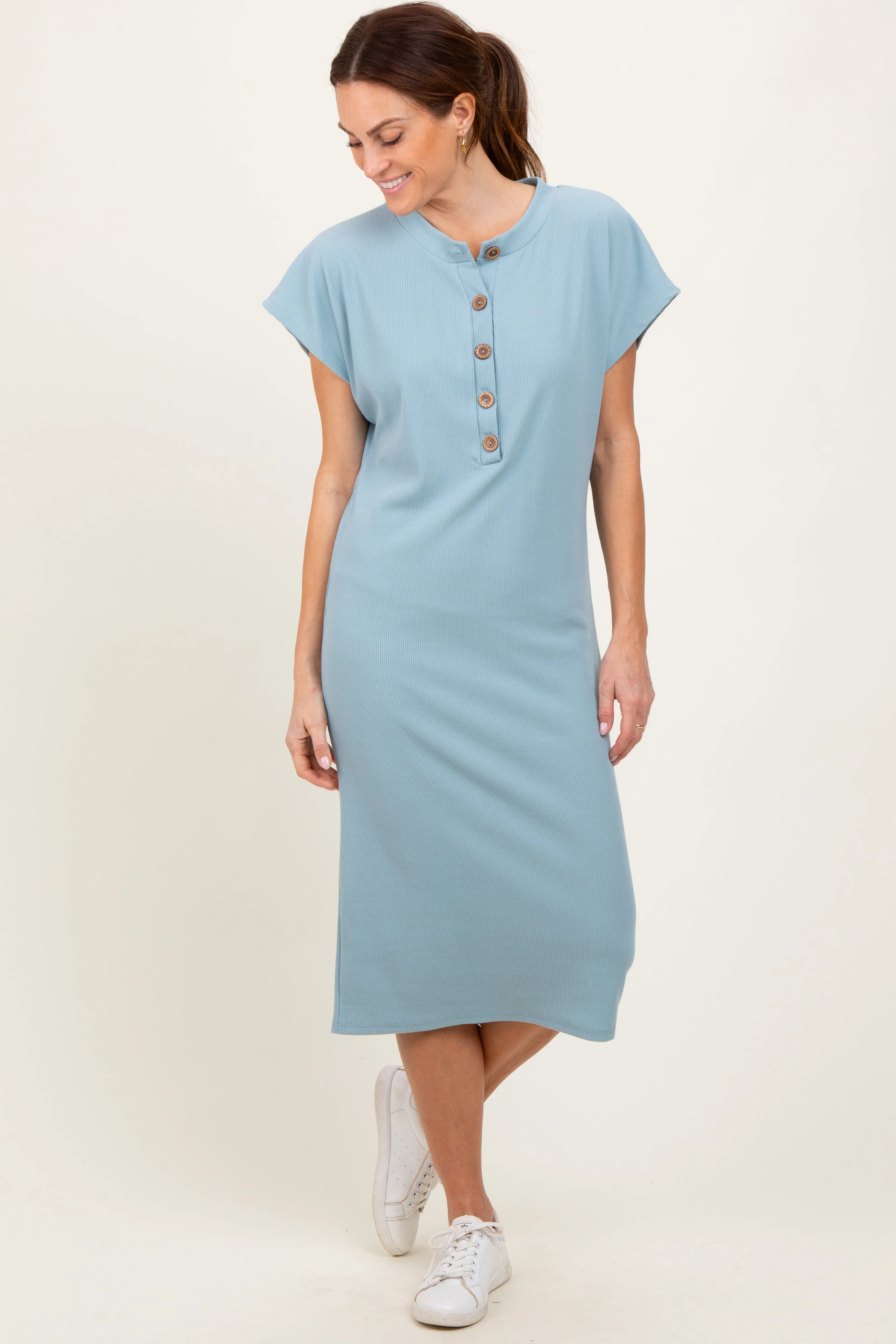 Blue Solid Ribbed Short Sleeve Button Down Knit Maternity Midi Dress sold by Pinkblush product image thumbnail 3