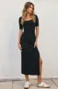 Black Ribbed Short Sleeve Side Slit Midi Dress sold by Pinkblush