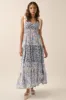 Blue Leaf Print Smocked Shoulder Tie Tiered Maxi Dress sold by Pinkblush