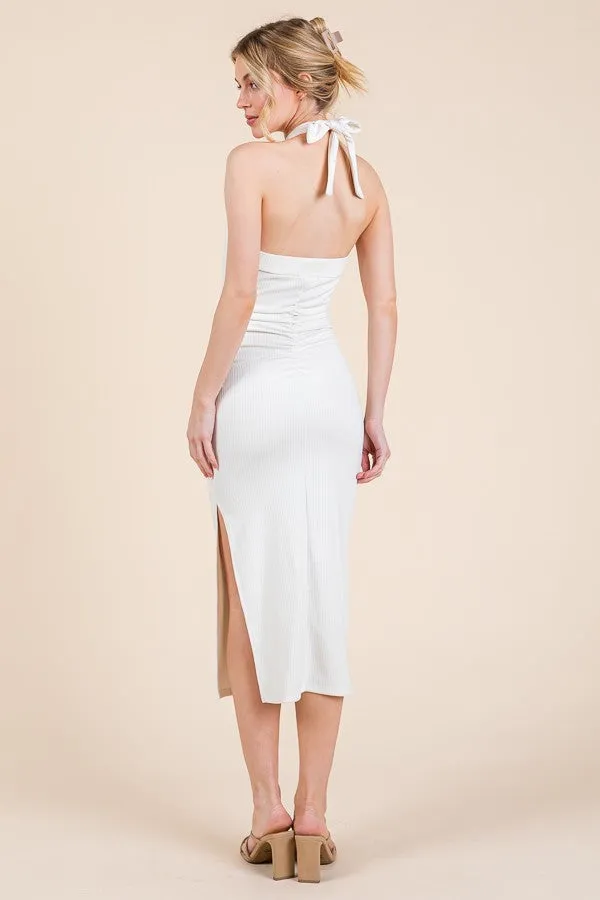 White Halter Tied Criss-Cross Ribbed Midi Dress sold by Pinkblush product image thumbnail 3