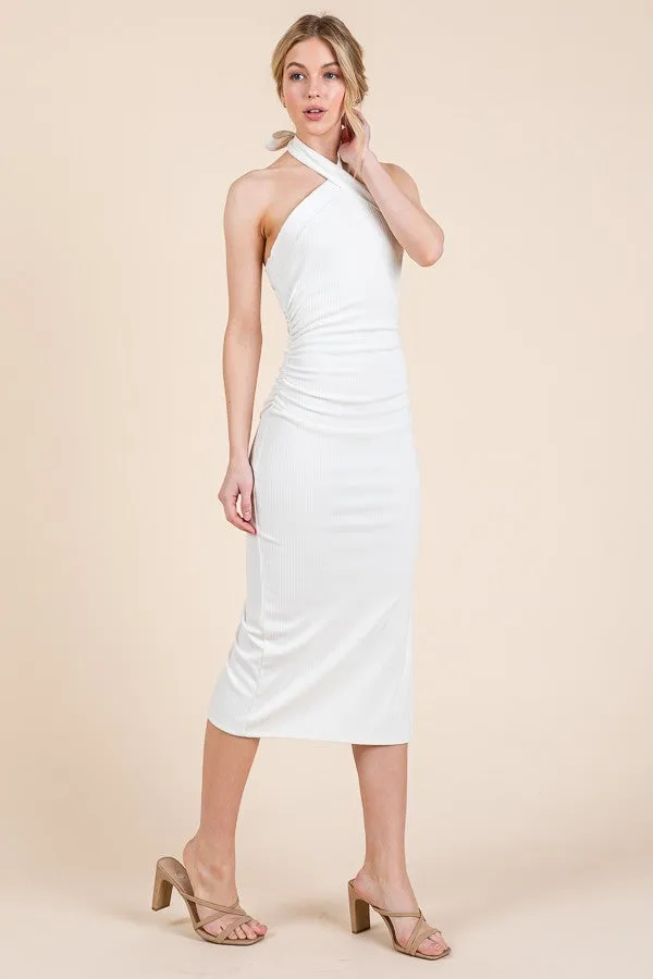 White Halter Tied Criss-Cross Ribbed Midi Dress sold by Pinkblush product image thumbnail 2