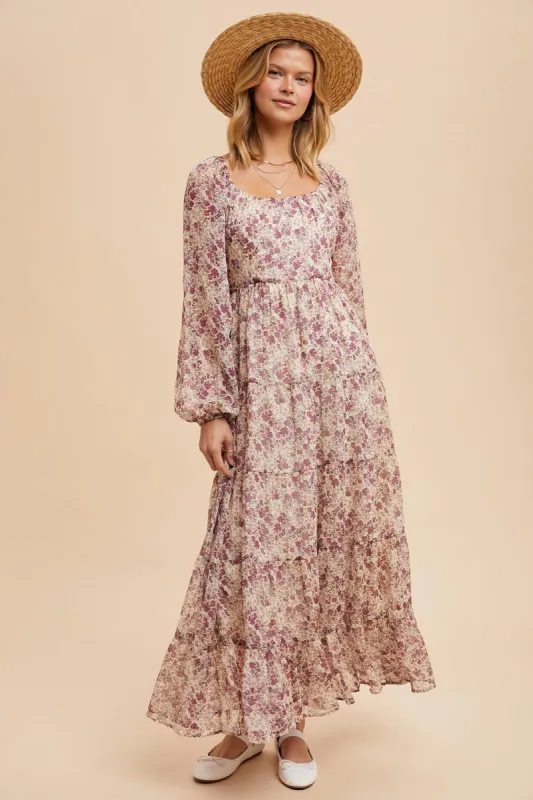 Mauve Floral Floral Chiffon Maxi Dress sold by Pinkblush