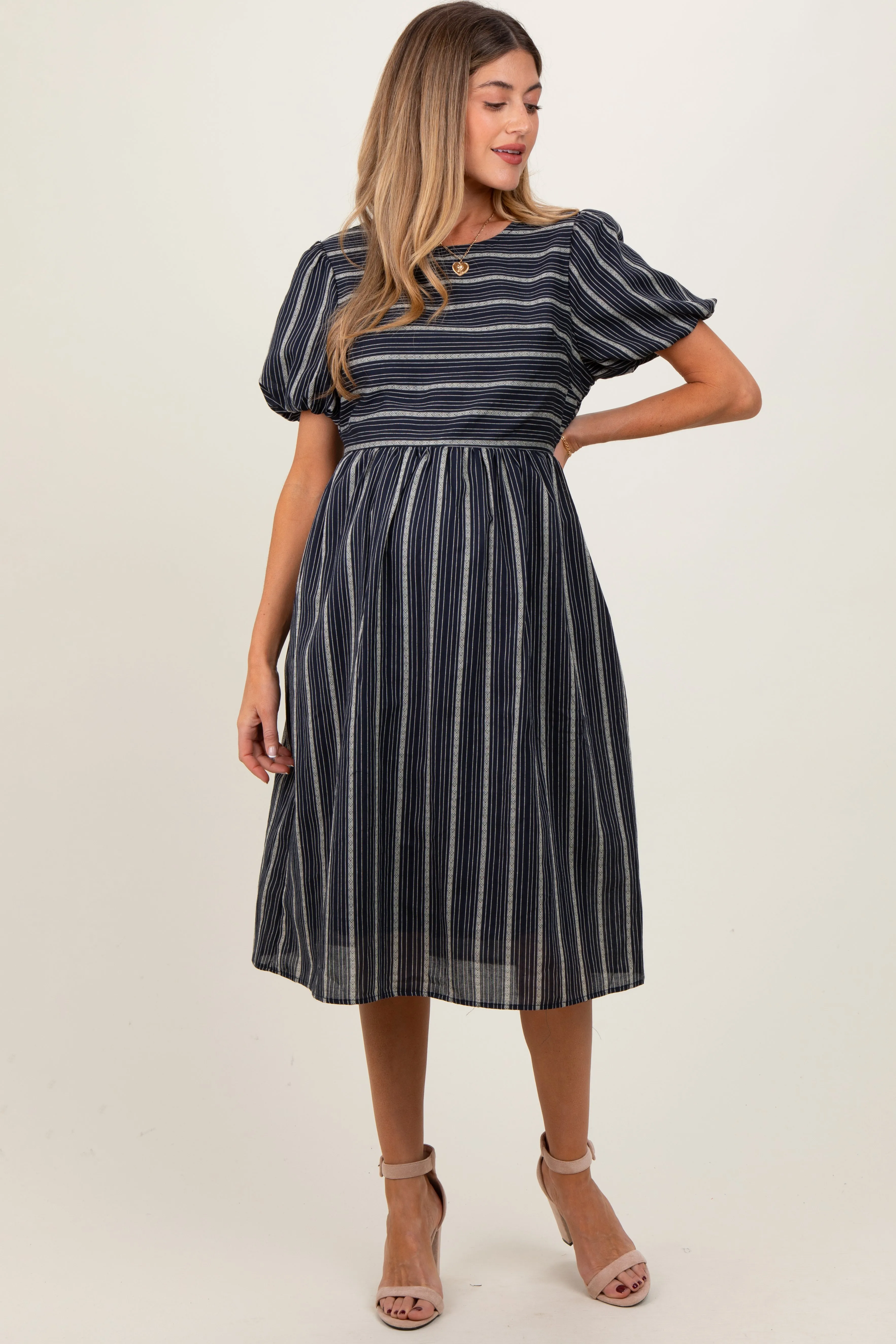 Navy Blue Striped Short Sleeve Maternity Midi Dress sold by Pinkblush