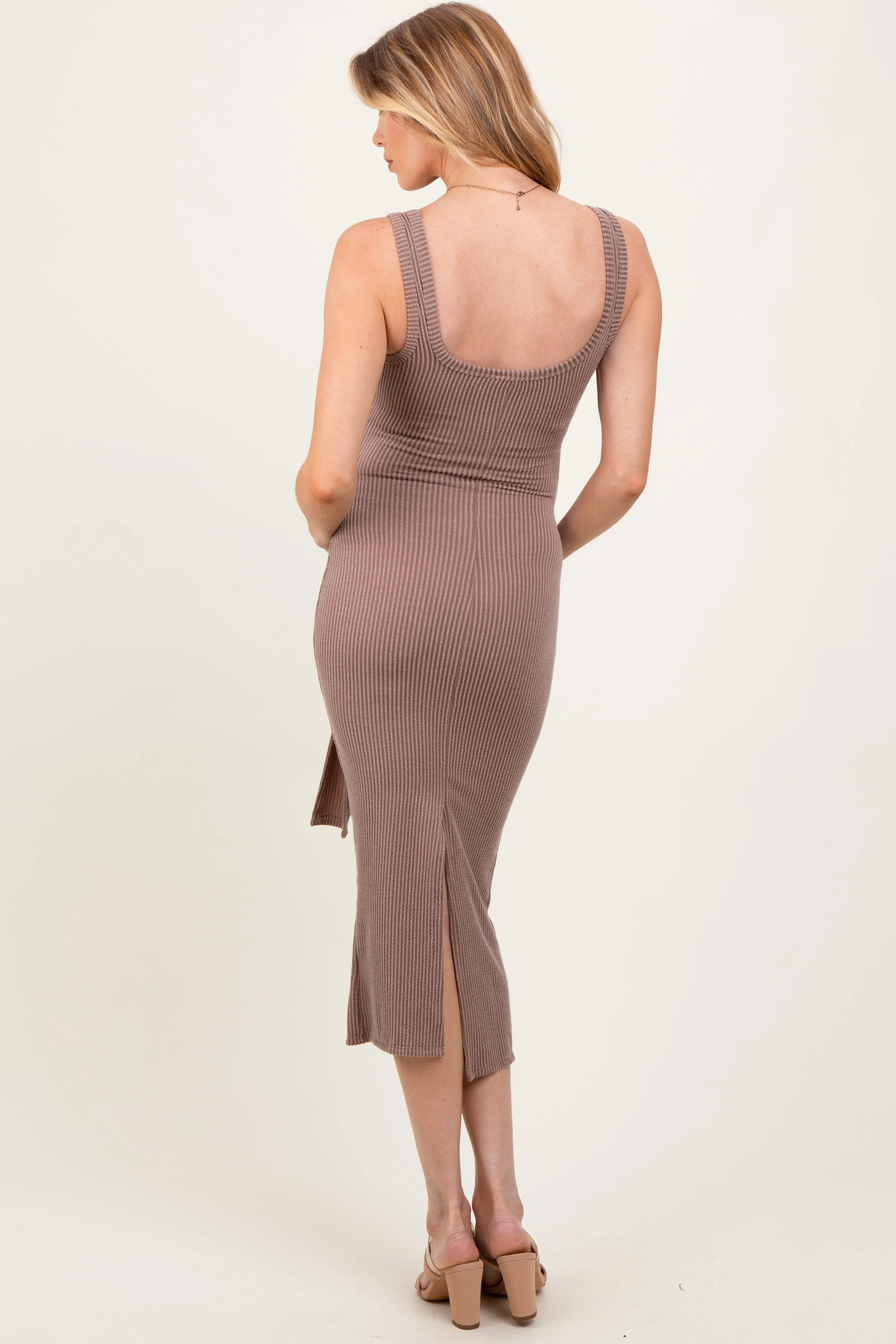 Mocha Ribbed Front Tie Sleeveless Maternity Midi Dress sold by Pinkblush product image thumbnail 4