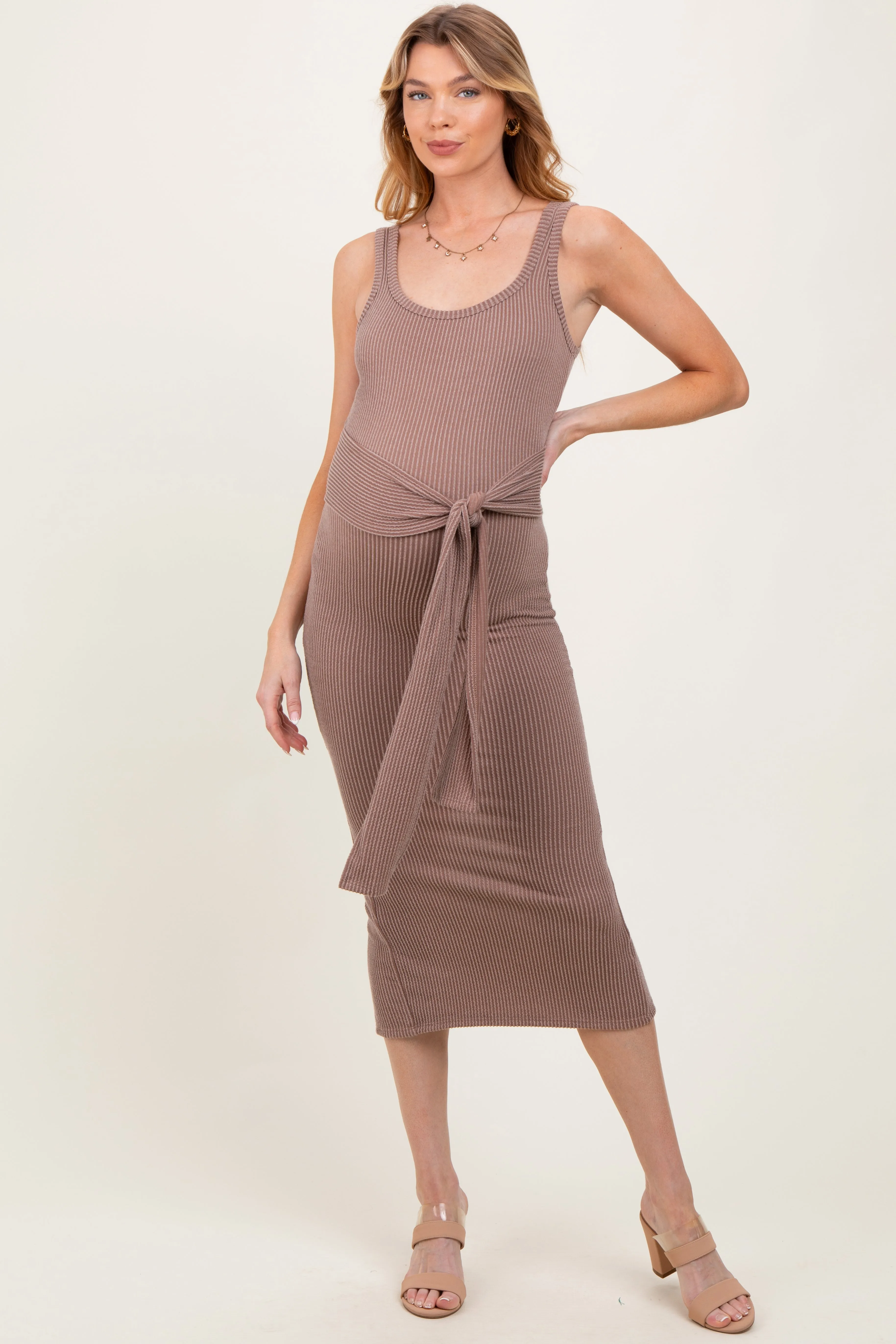 Mocha Ribbed Front Tie Sleeveless Maternity Midi Dress sold by Pinkblush