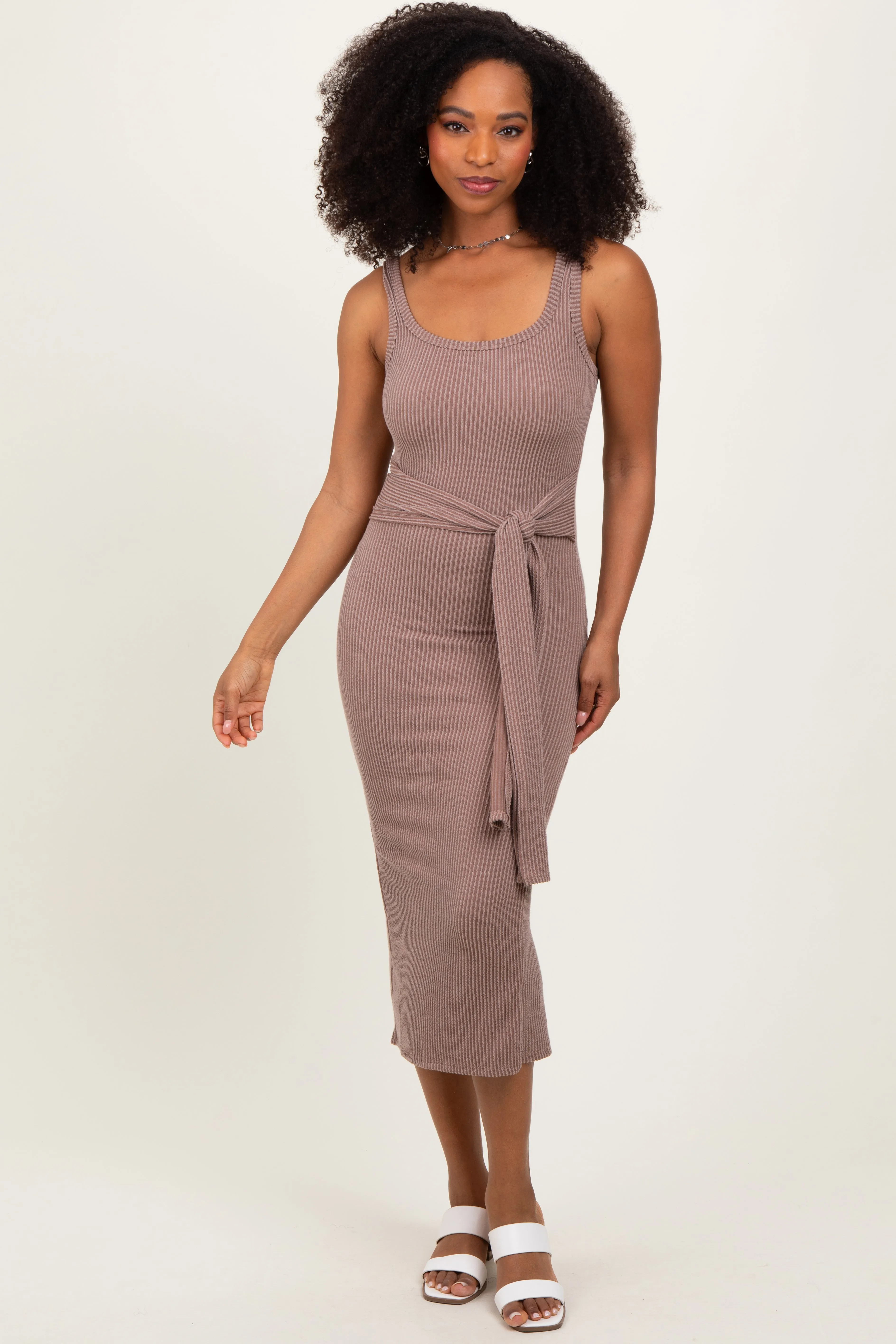 Mocha Ribbed Front Tie Sleeveless Maternity Midi Dress sold by Pinkblush product image thumbnail 5