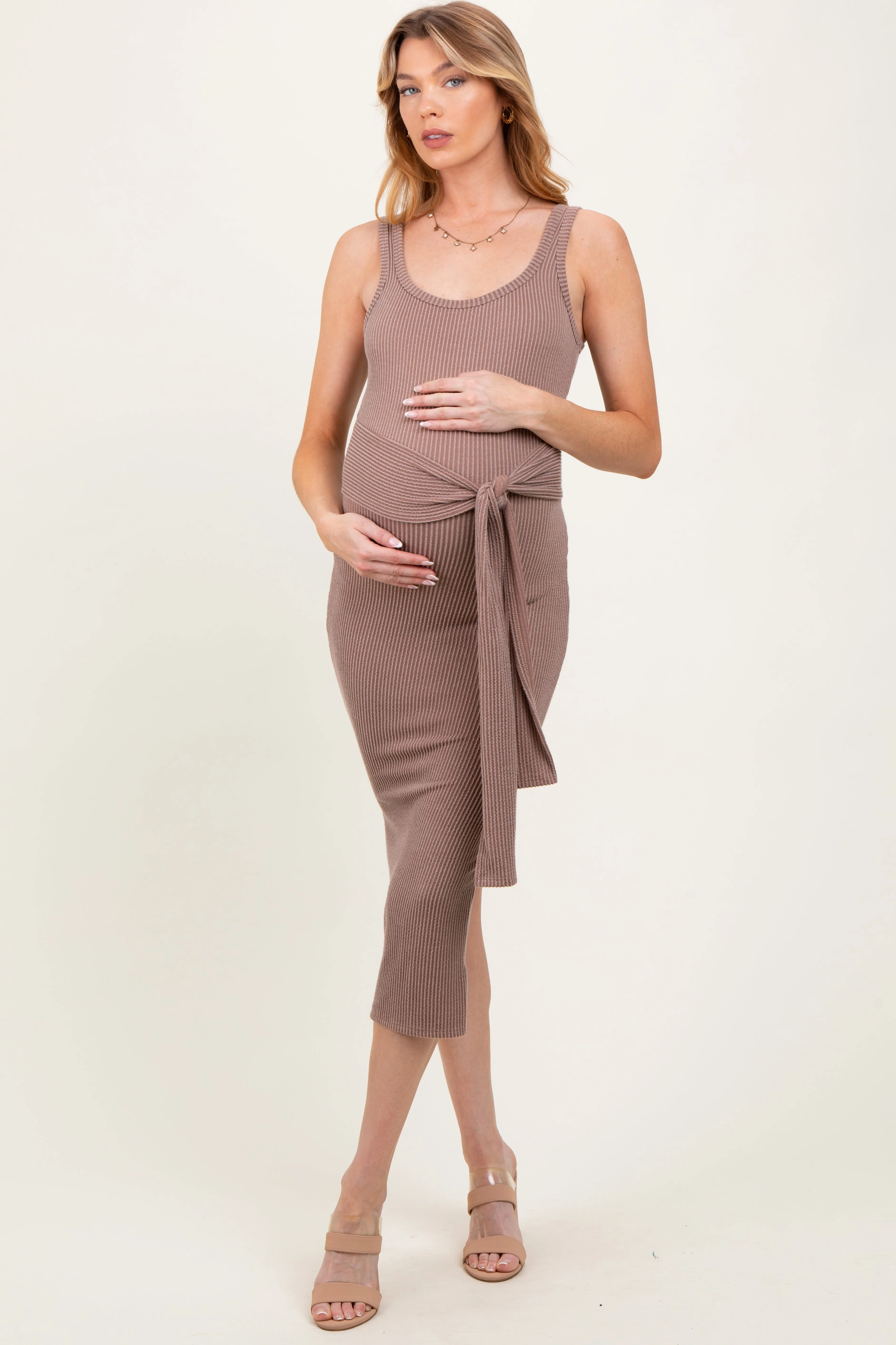 Mocha Ribbed Front Tie Sleeveless Maternity Midi Dress sold by Pinkblush product image thumbnail 2