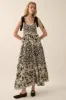 Black Leaf Print Smocked Shoulder Tie Tiered Maxi Dress sold by Pinkblush