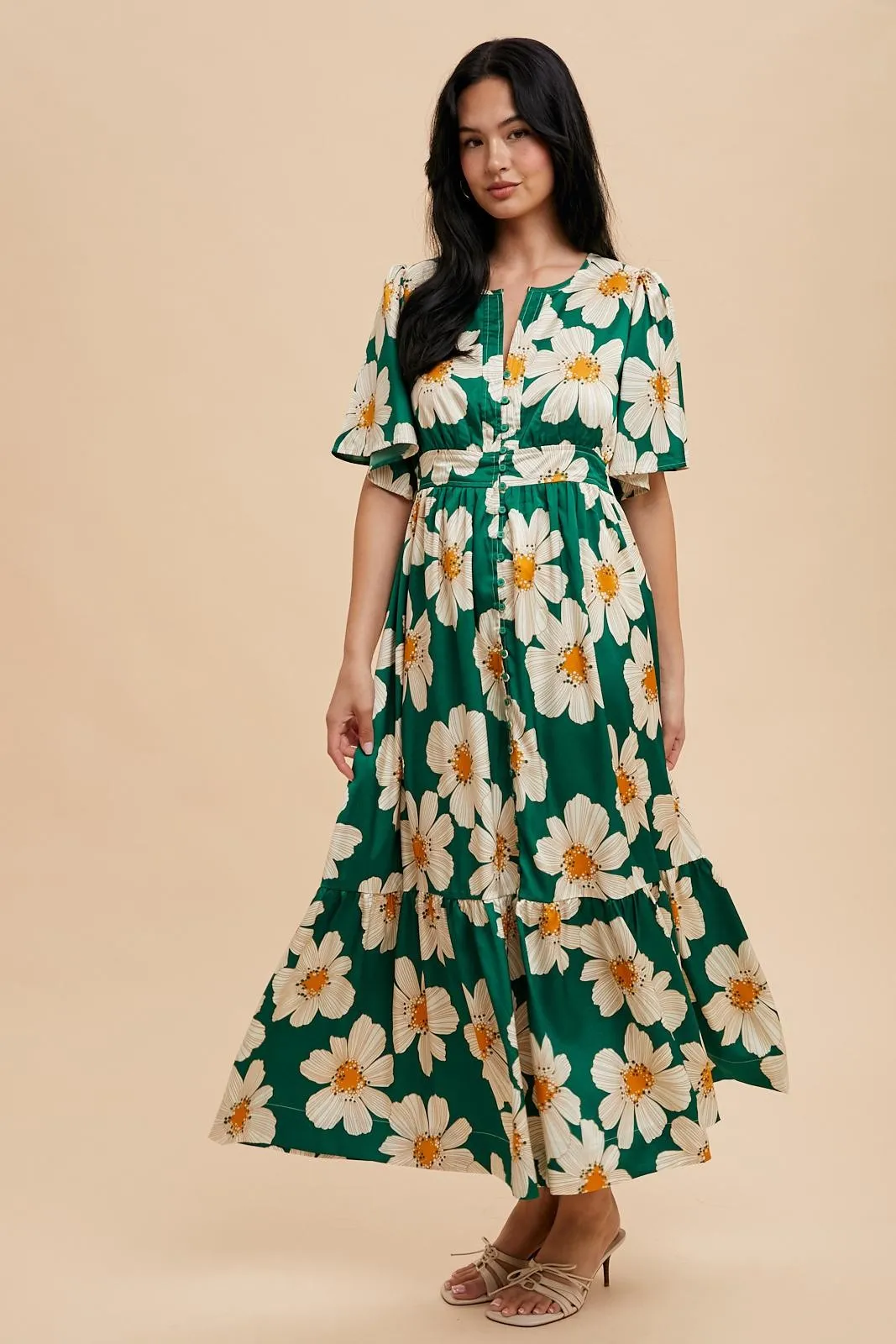 Emerald Notched Collar Floral Button Down Maxi Dress sold by Pinkblush product image thumbnail 2