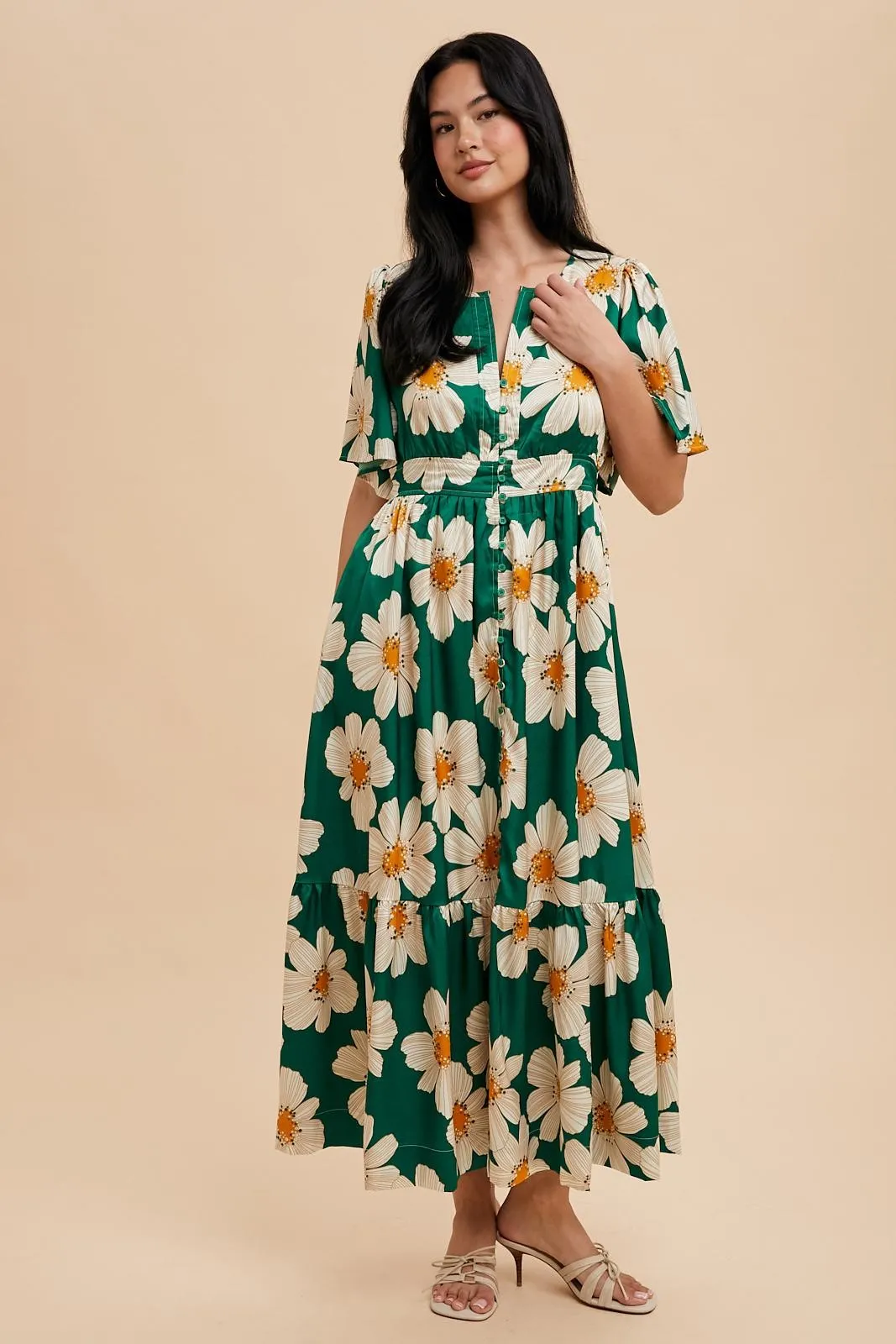 Emerald Notched Collar Floral Button Down Maxi Dress sold by Pinkblush