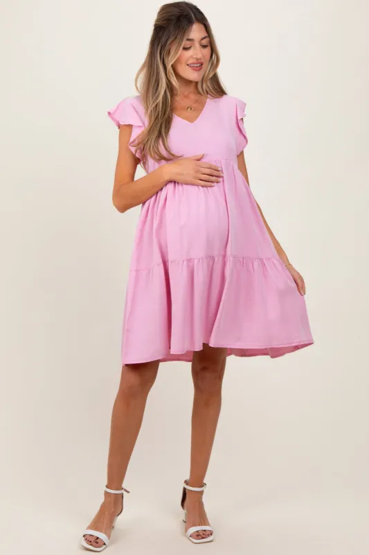 Light Pink Flutter Sleeve Tiered Maternity Dress sold by Pinkblush