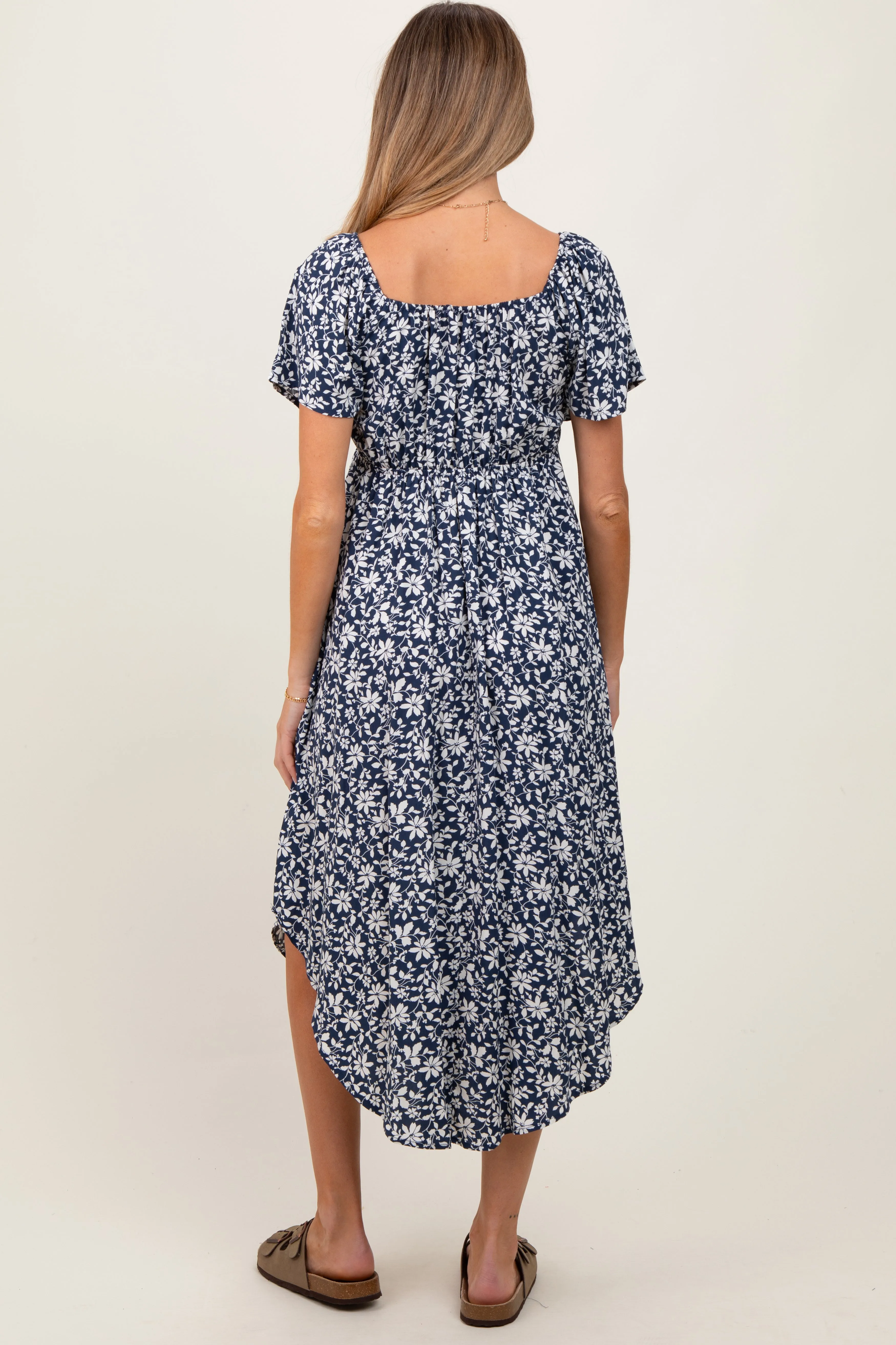Navy Blue Floral Ruched Tie Front Maternity Midi Dress sold by Pinkblush product image thumbnail 3