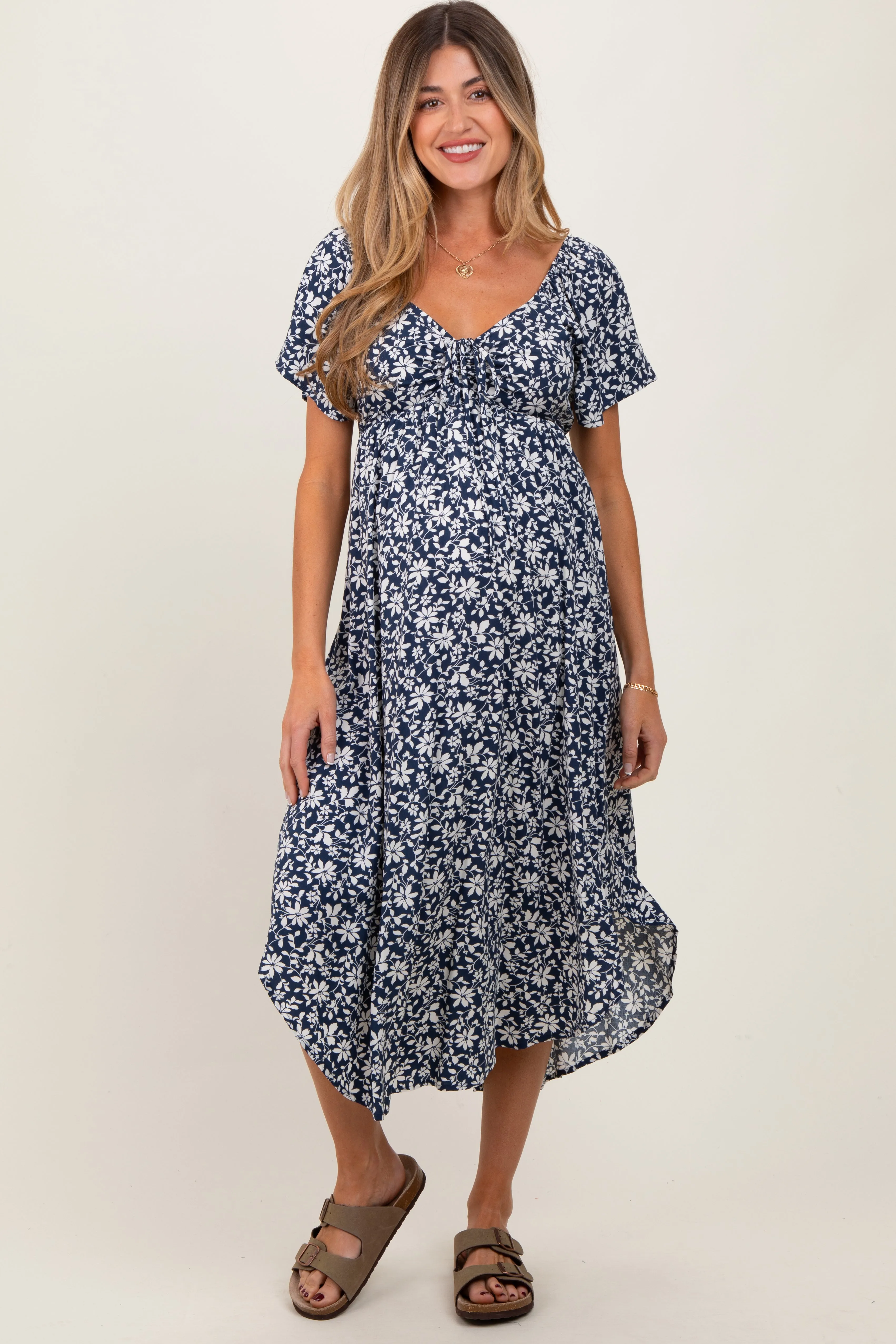 Navy Blue Floral Ruched Tie Front Maternity Midi Dress sold by Pinkblush