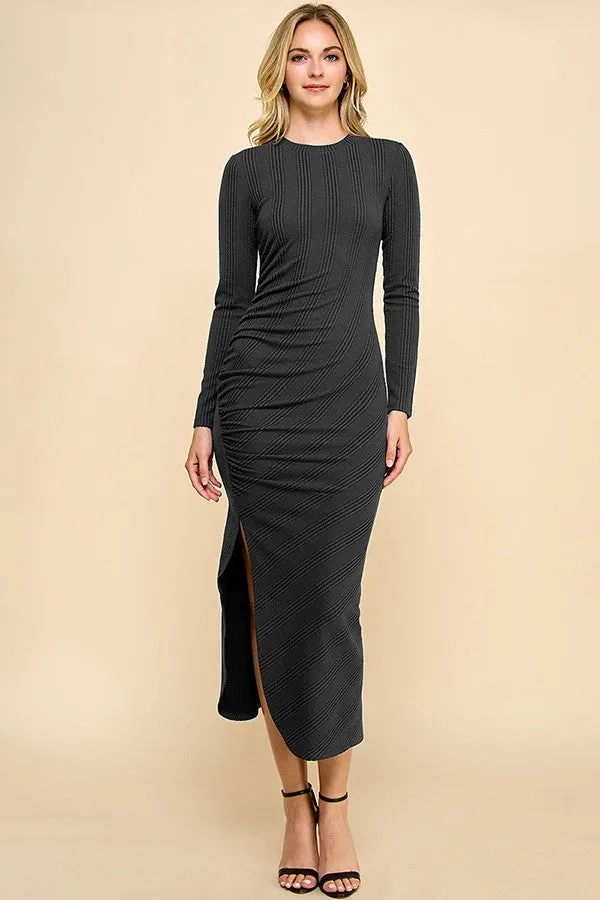 Black Crew Neck Side Ruching Deep Slit Midi Dress sold by Pinkblush