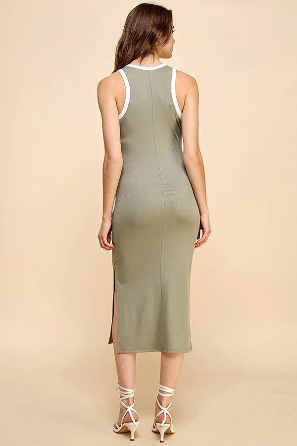 Light Olive/Soft White High Neck Ribbed Sleeveless Midi Dress sold by Pinkblush product image thumbnail 3