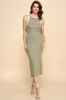 Light Olive/Soft White High Neck Ribbed Sleeveless Midi Dress sold by Pinkblush
