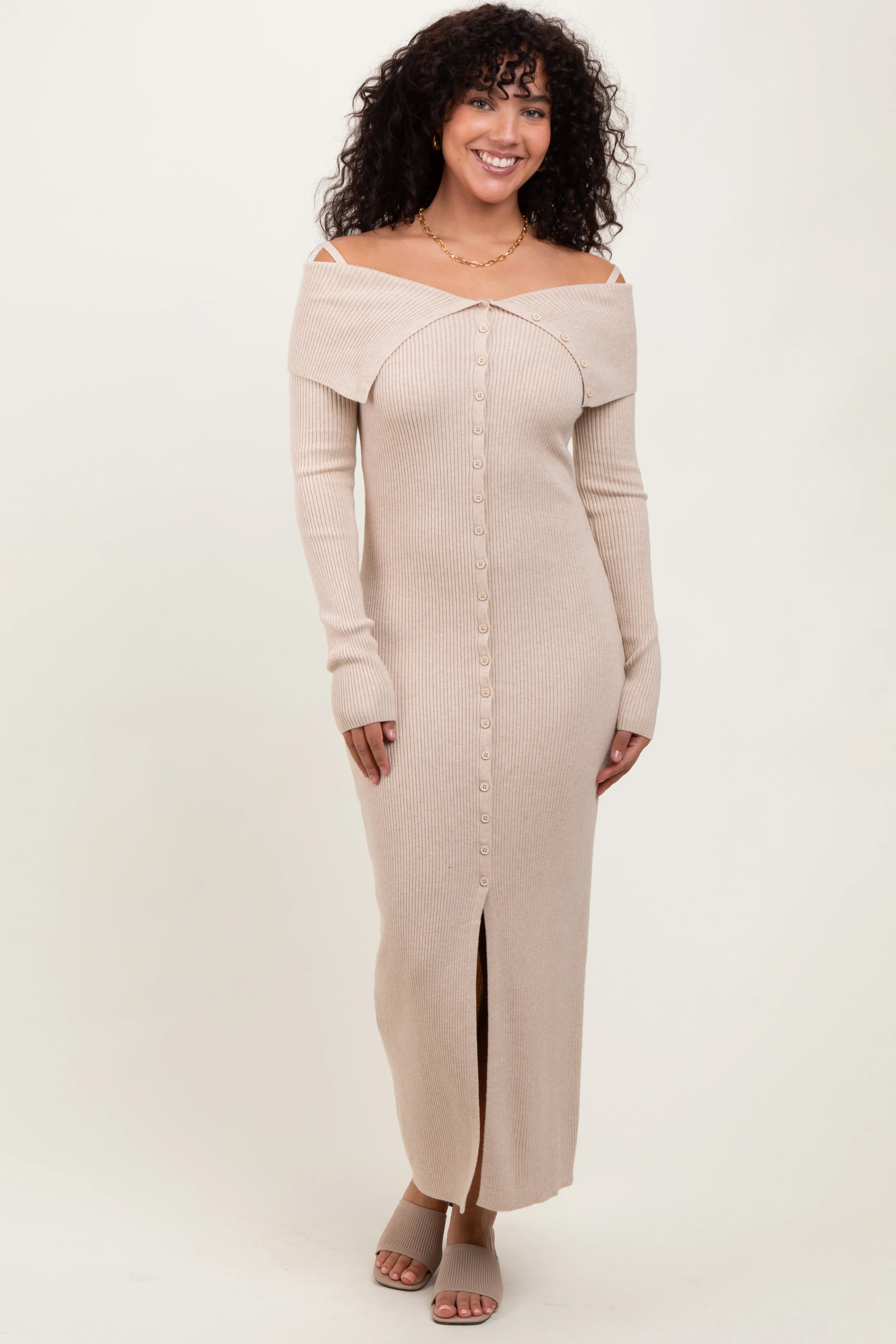 Beige Off Shoulder Long Cardigan Maxi Dress sold by Pinkblush product image thumbnail 2