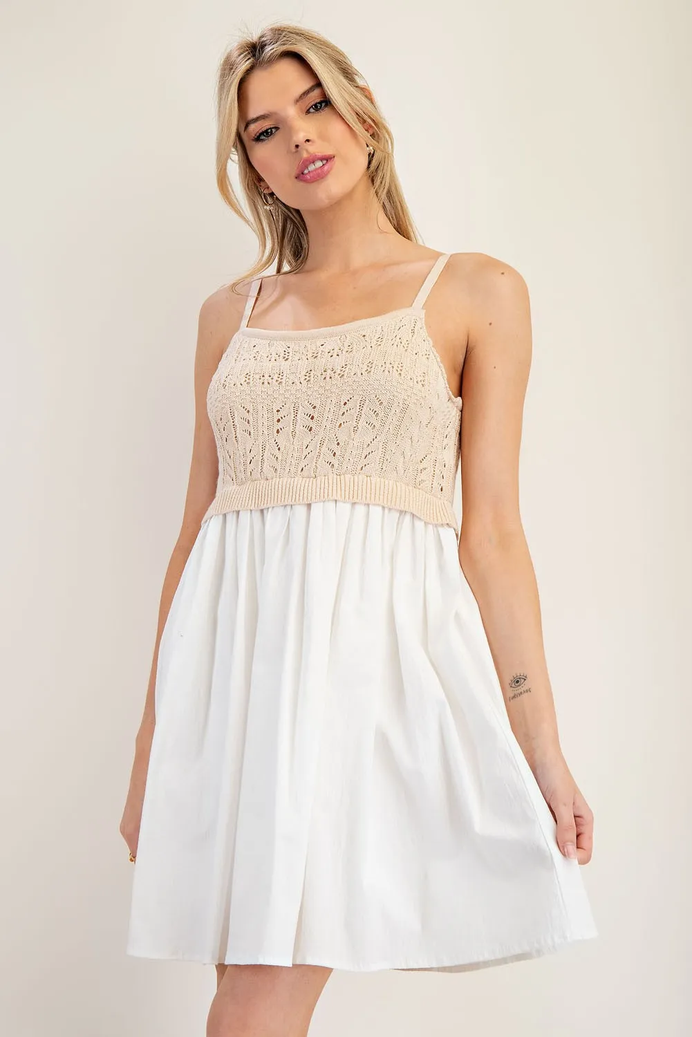 White Crochet Knit Contrast Mini Dress sold by Pinkblush