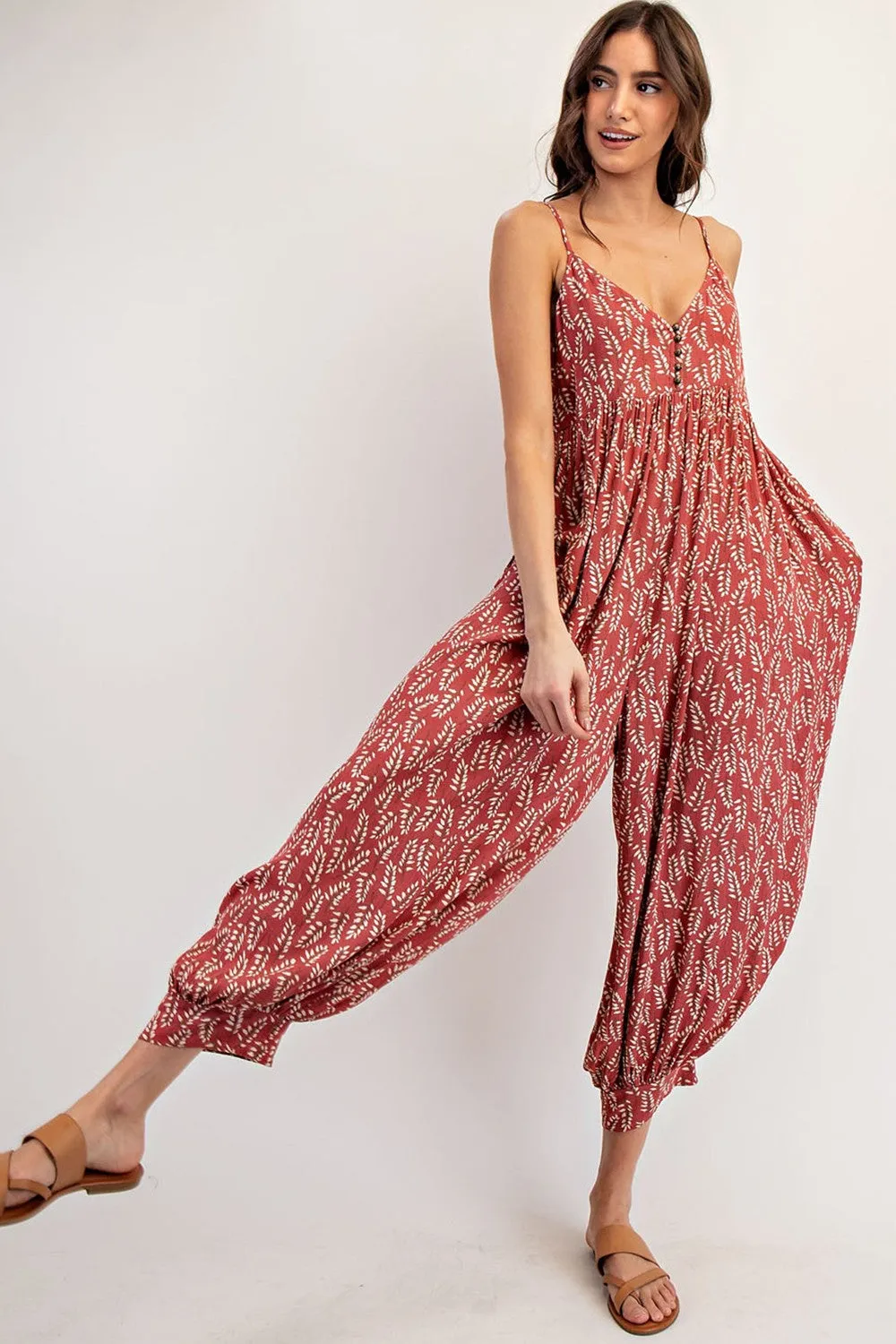Rust Leaf Print Sleeveless Barrel Leg Jumpsuit sold by Pinkblush
