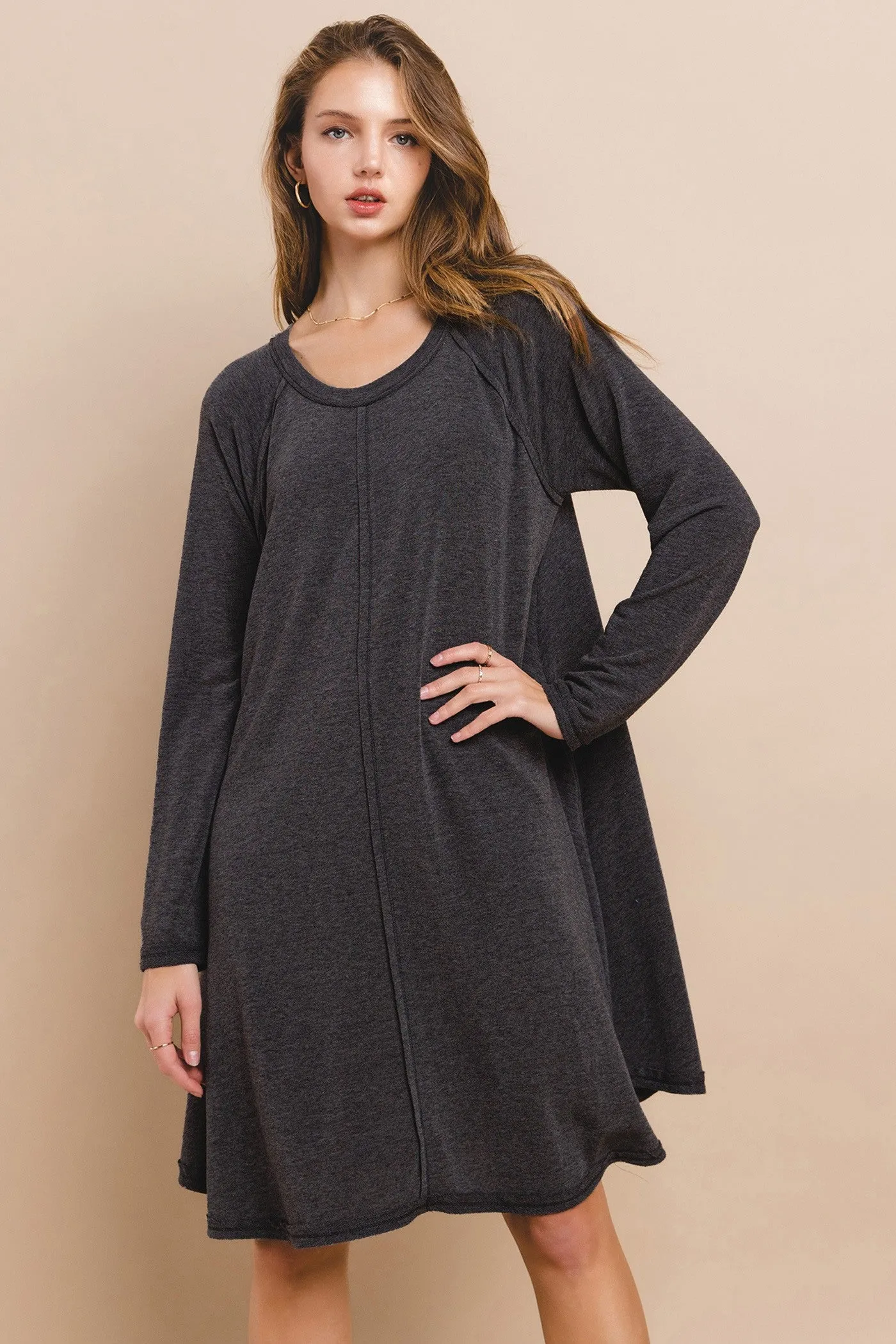 Charcoal Crew Neck Flared Fit Long Sleeve Mini Dress sold by Pinkblush