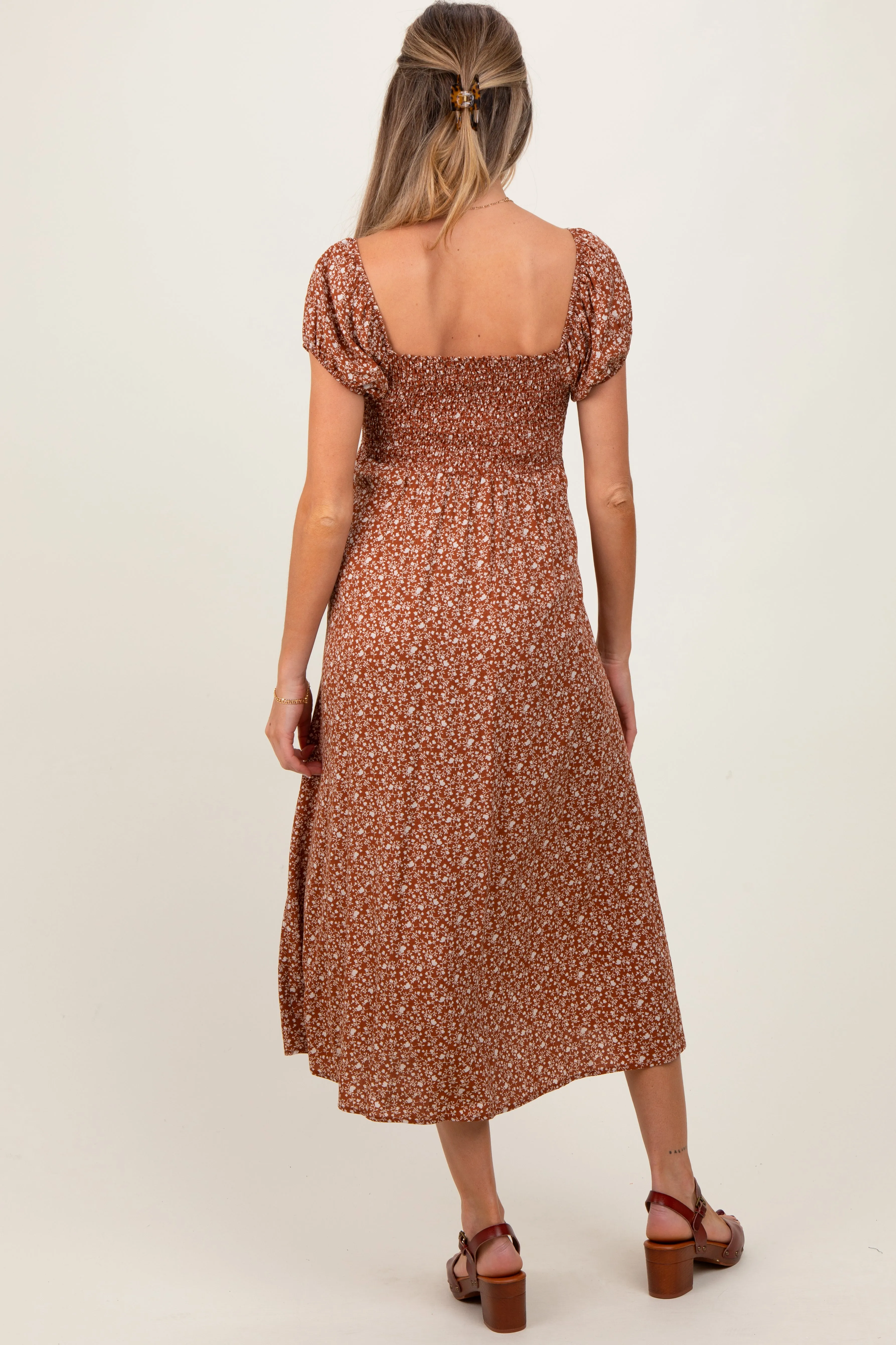 Rust Floral V-Neck Button Front Maternity Midi Dress sold by Pinkblush product image thumbnail 4