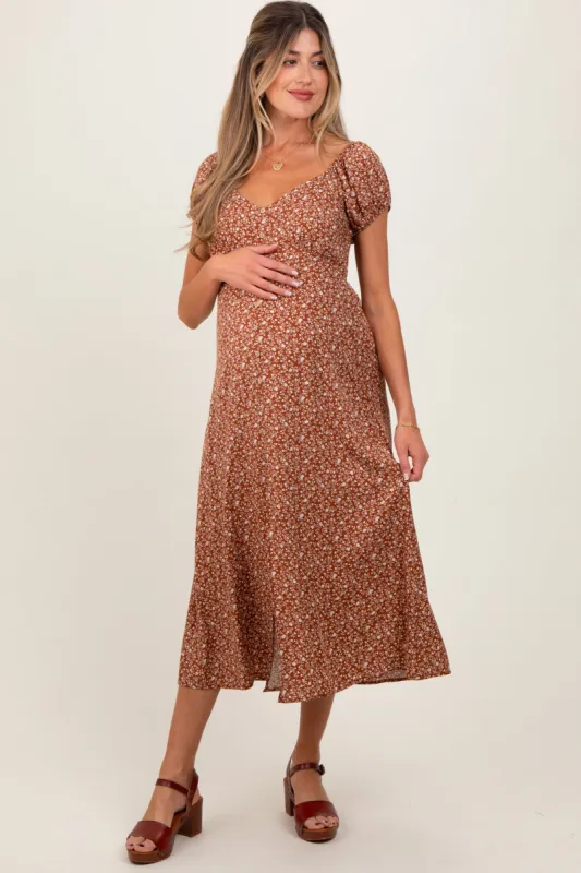 Rust Floral V-Neck Button Front Maternity Midi Dress sold by Pinkblush