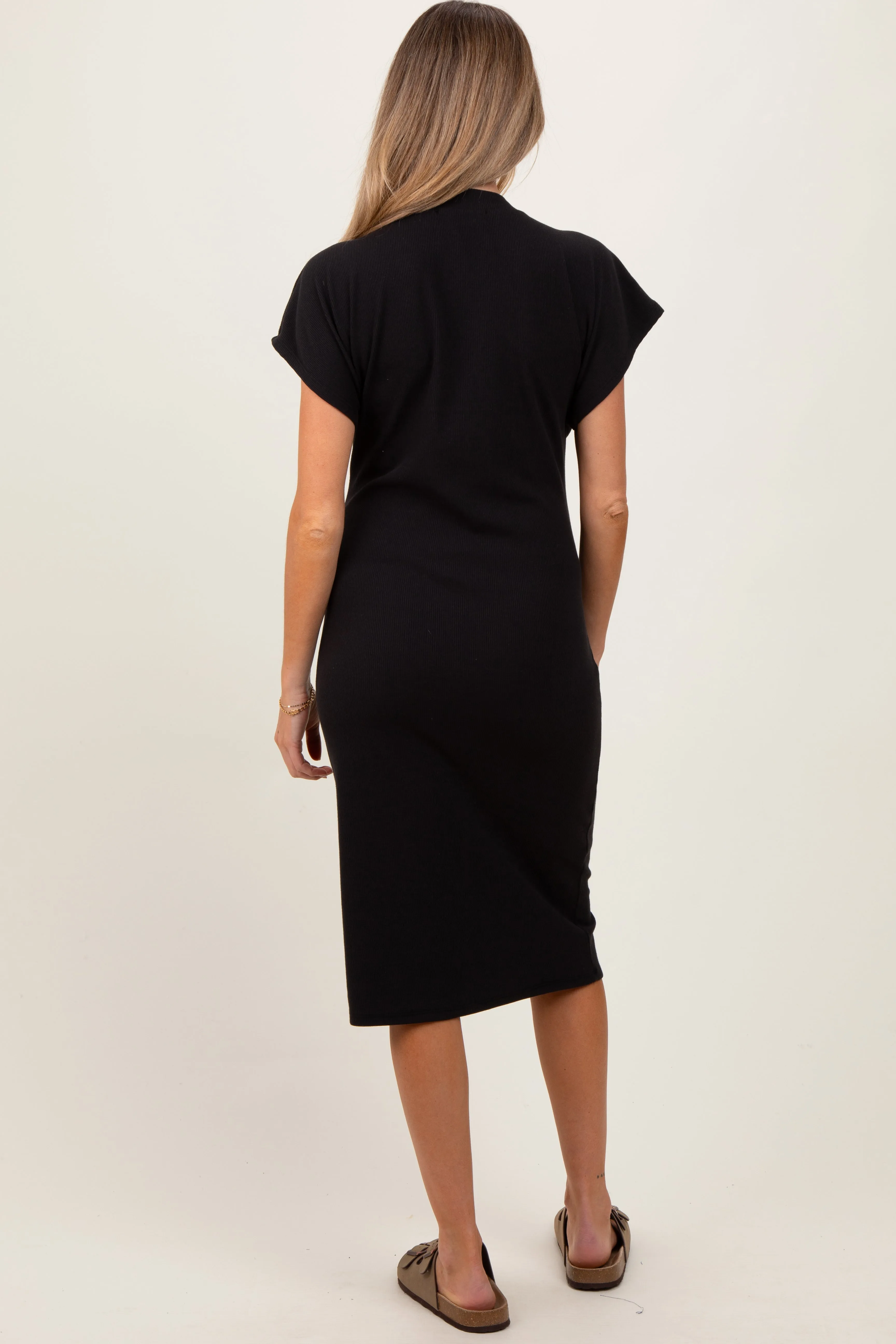 Black Solid Ribbed Short Sleeve Button Down Knit Maternity Midi Dress sold by Pinkblush product image thumbnail 3