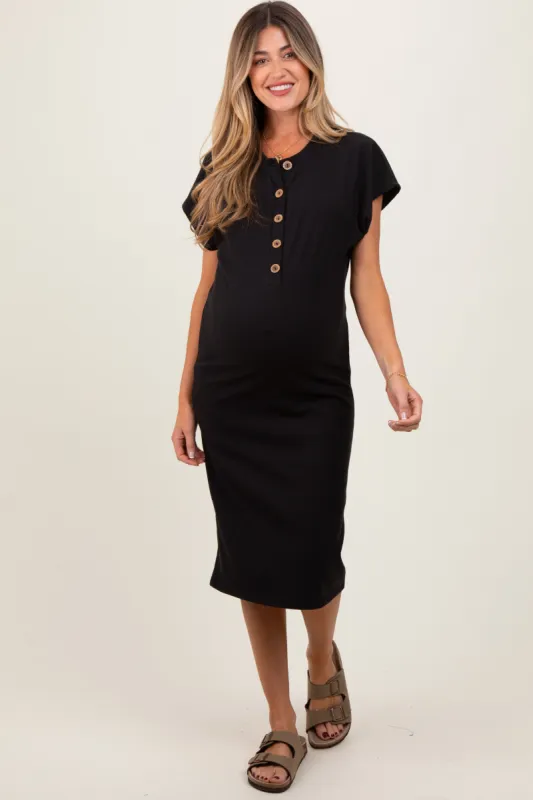 Black Solid Ribbed Short Sleeve Button Down Knit Maternity Midi Dress sold by Pinkblush