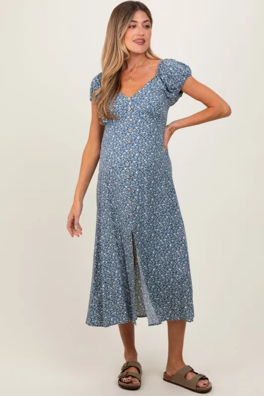 Teal Floral V-Neck Button Front Maternity Midi Dress sold by Pinkblush
