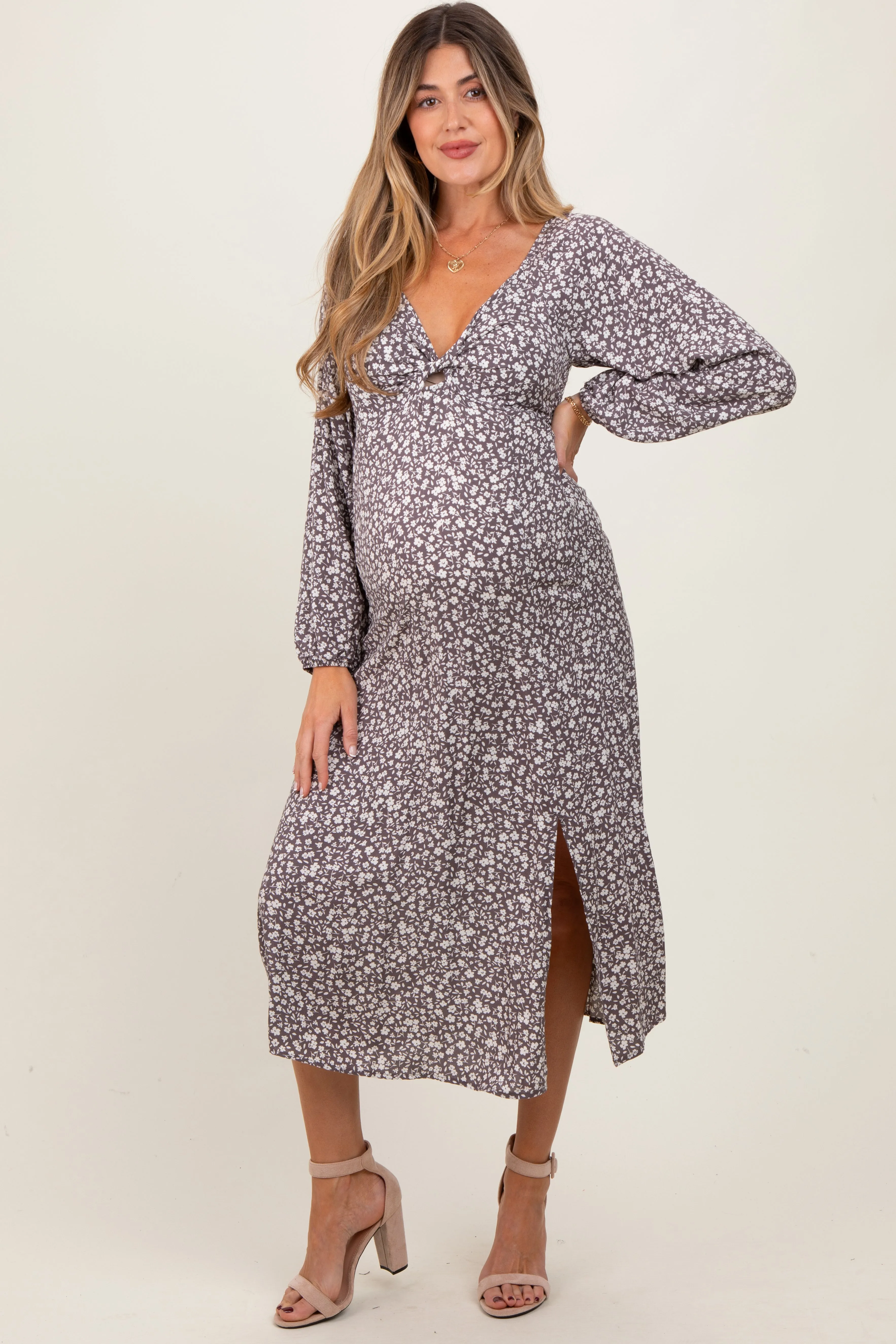 Mocha Floral Twist Front Long Sleeve Maternity Midi Dress sold by Pinkblush