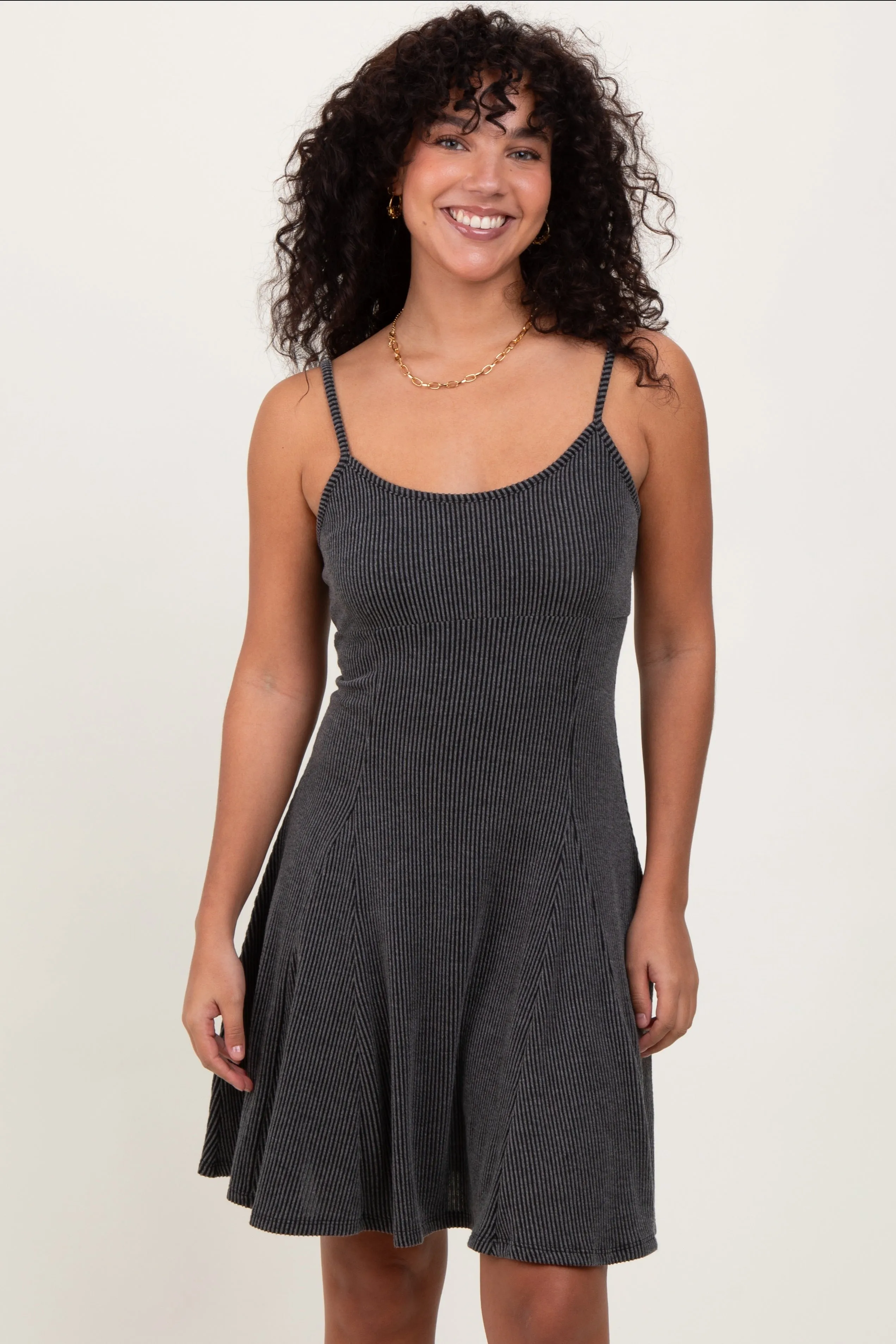 Charcoal Solid Ribbed Knitted Adjustable Strap Sleeveless Mini Dress sold by Pinkblush