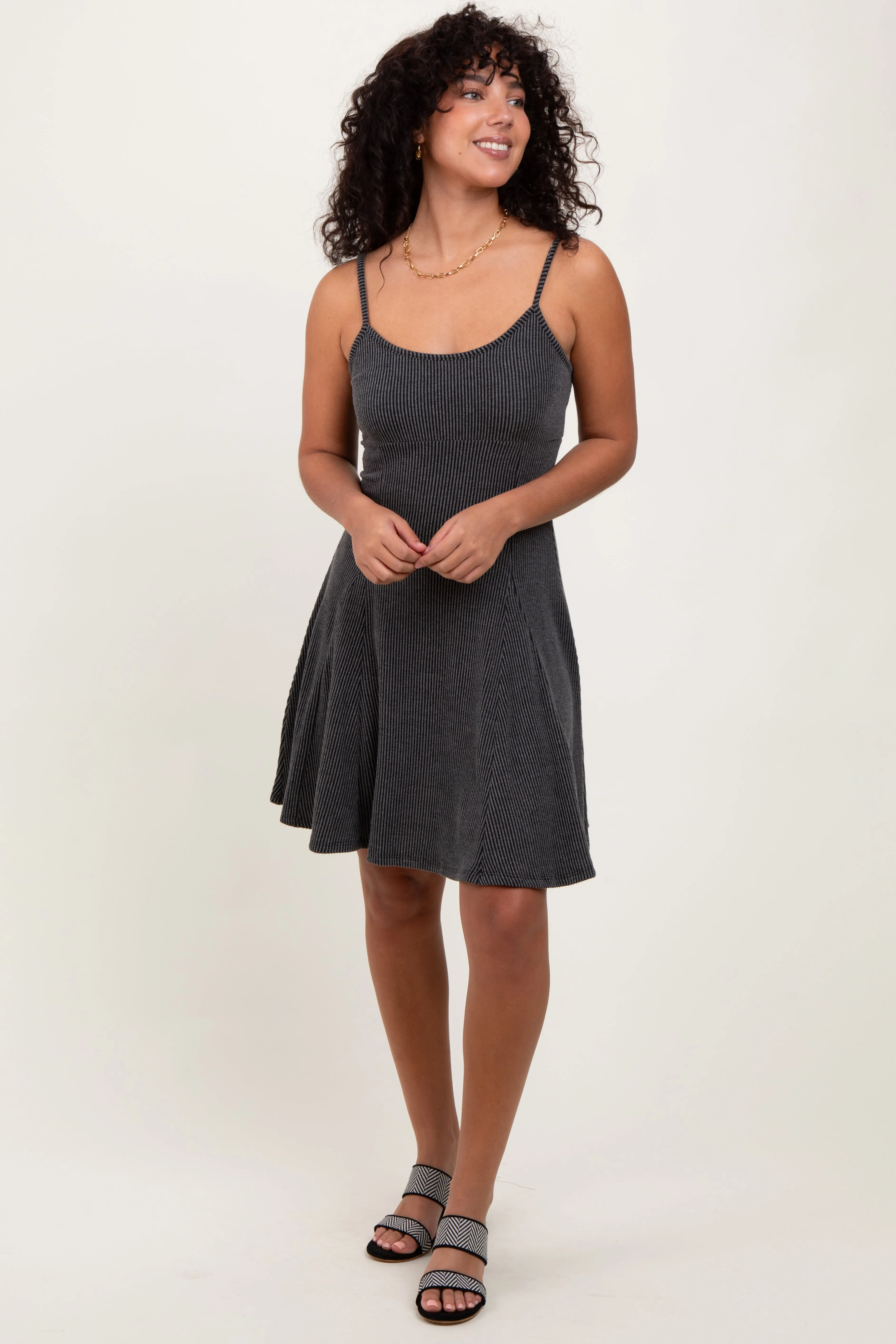 Charcoal Solid Ribbed Knitted Adjustable Strap Sleeveless Mini Dress sold by Pinkblush product image thumbnail 2