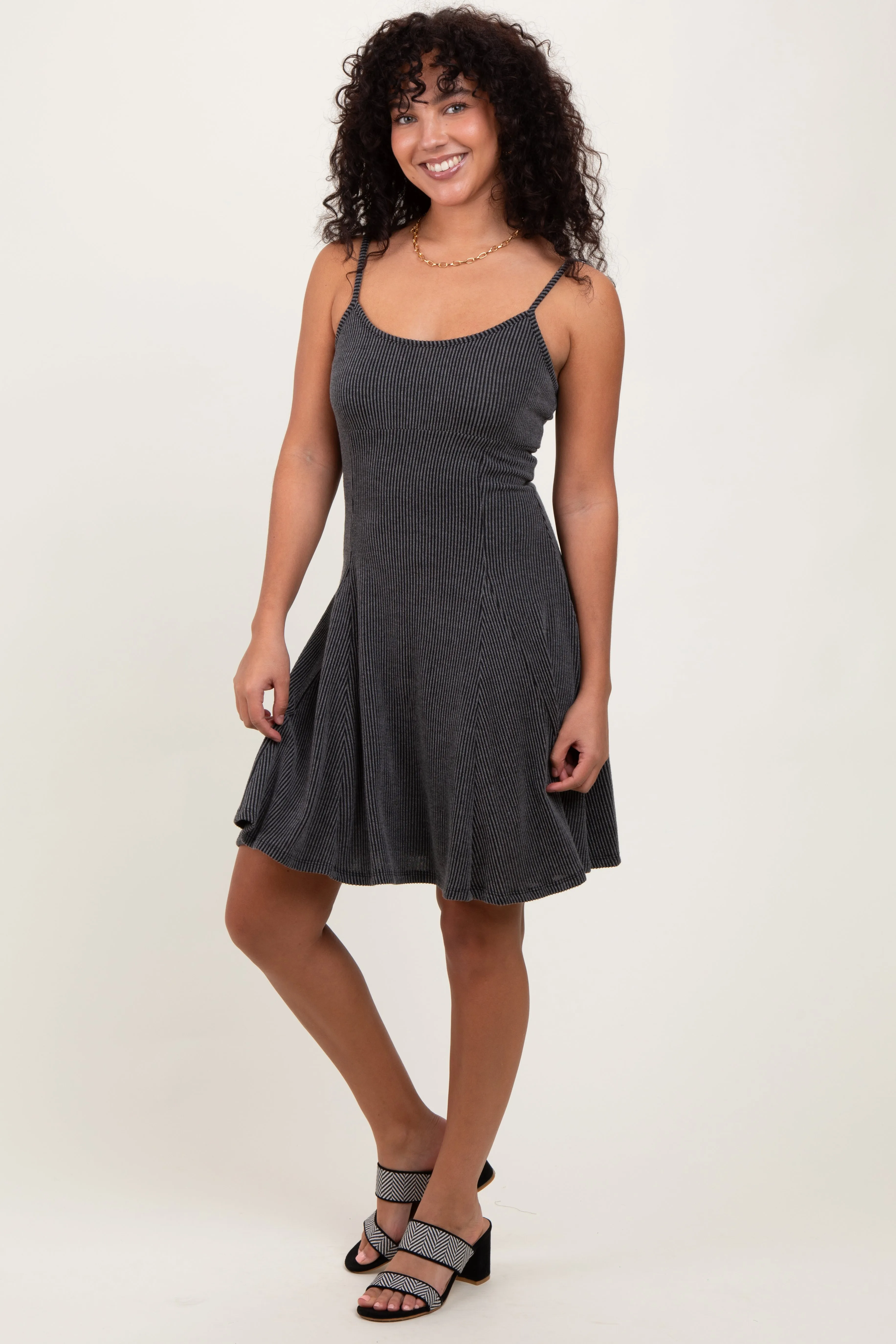 Charcoal Solid Ribbed Knitted Adjustable Strap Sleeveless Mini Dress sold by Pinkblush product image thumbnail 3