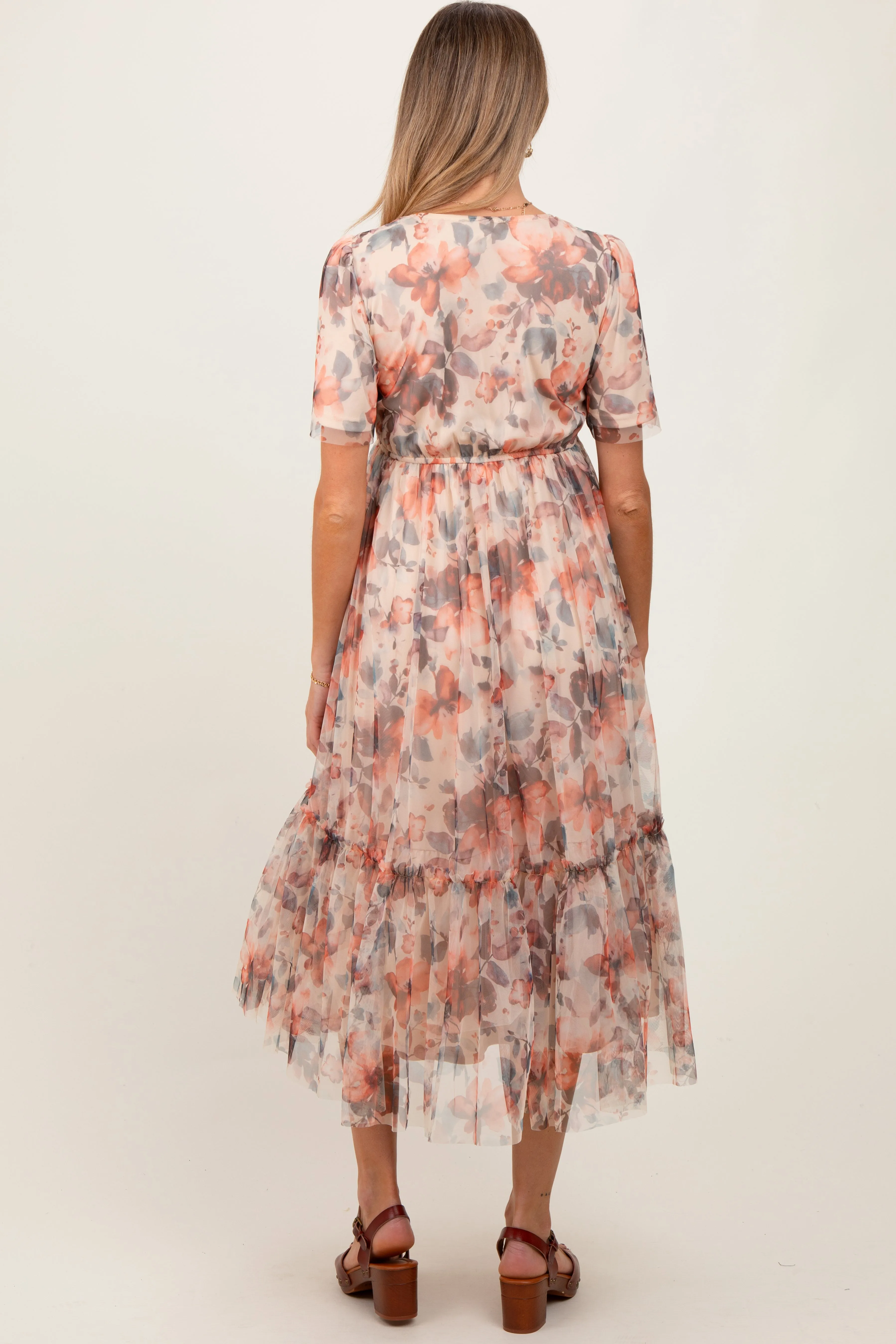 Peach Floral Mesh Sweetheart Neck Maternity Midi Dress sold by Pinkblush product image thumbnail 3