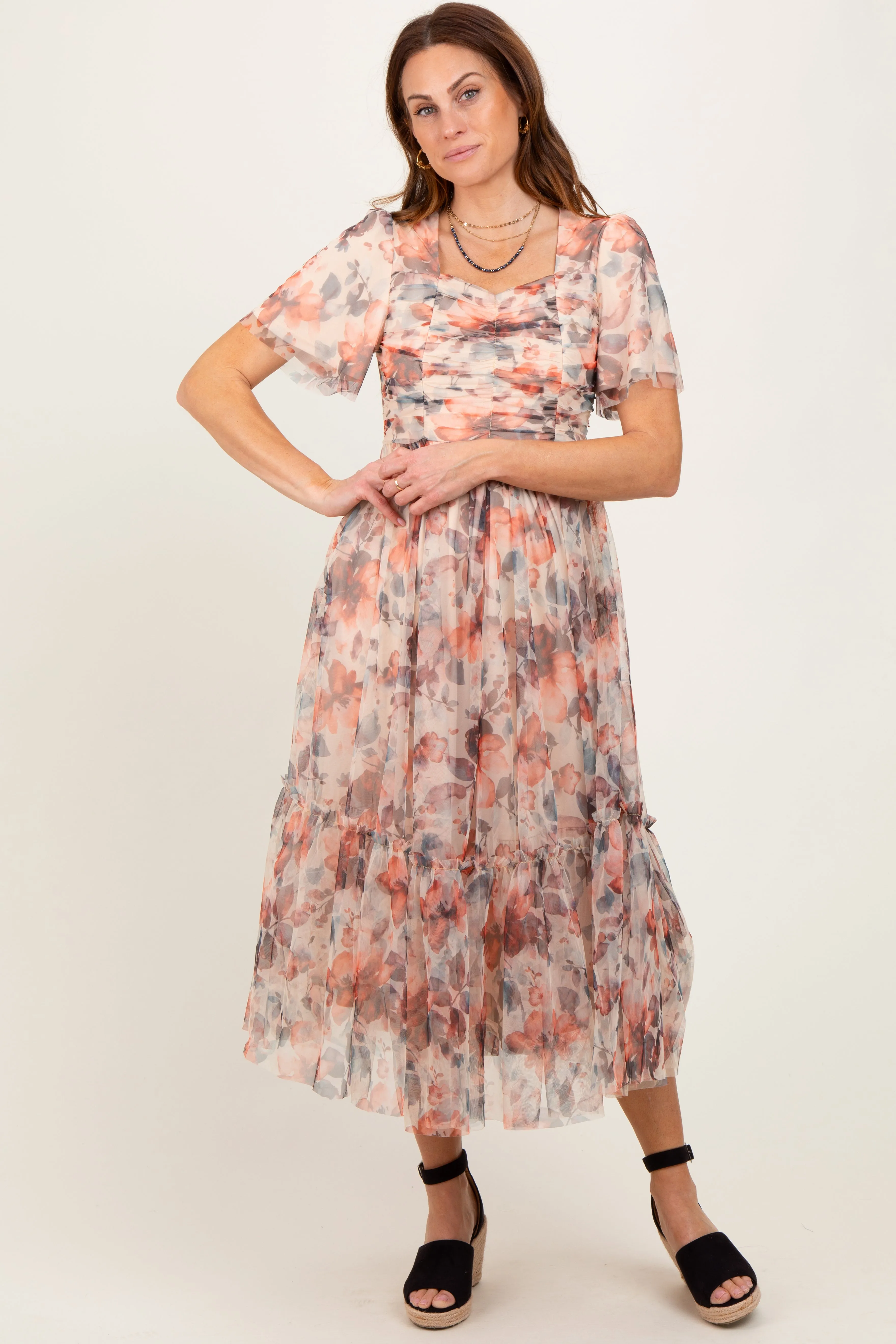 Peach Floral Mesh Sweetheart Neck Maternity Midi Dress sold by Pinkblush product image thumbnail 4