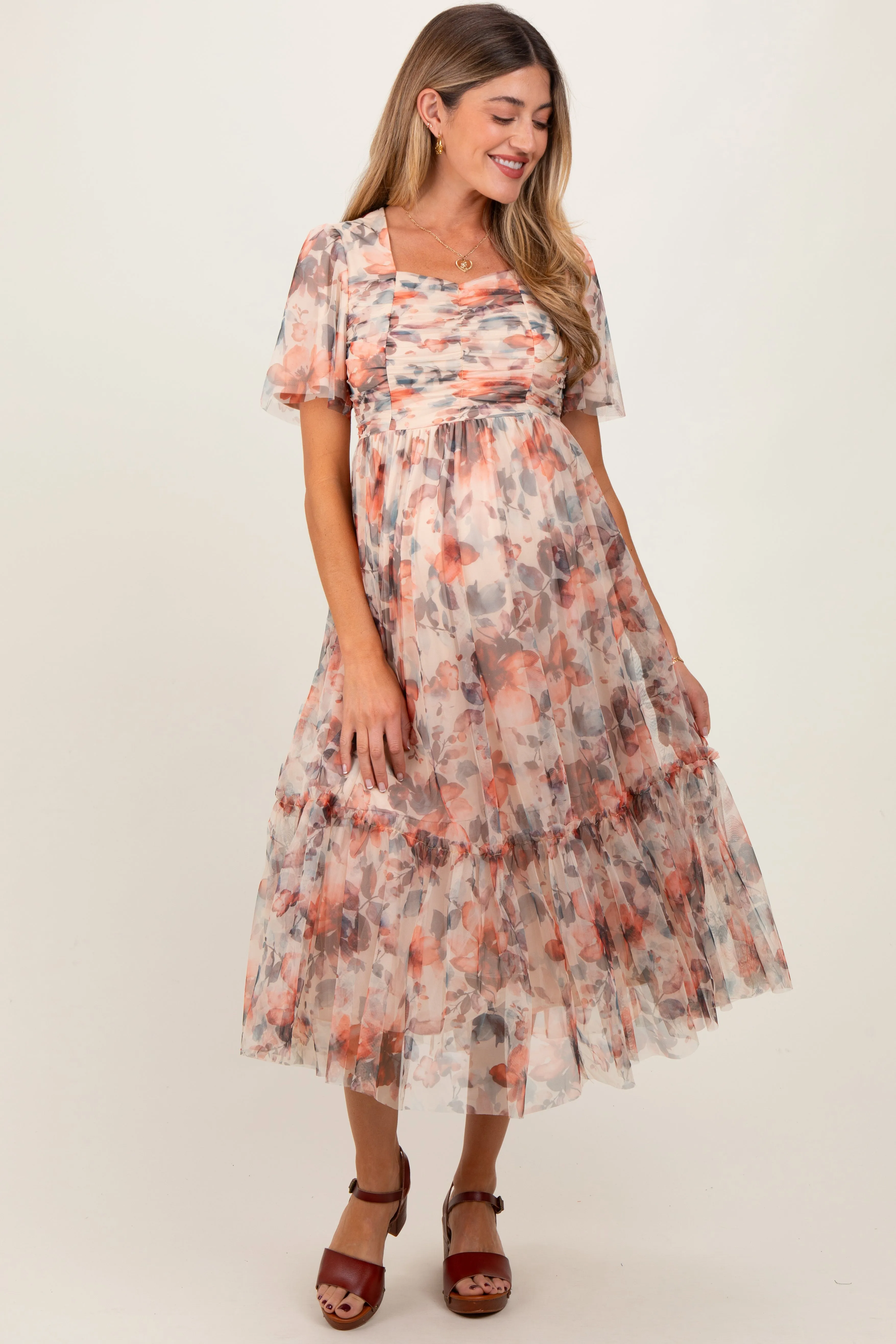 Peach Floral Mesh Sweetheart Neck Maternity Midi Dress sold by Pinkblush