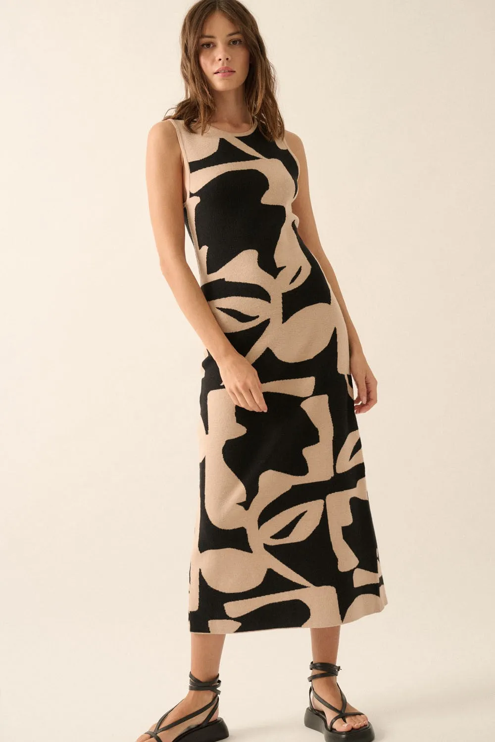 Black Abstract Print Knit Sleeveless Midi Dress sold by Pinkblush