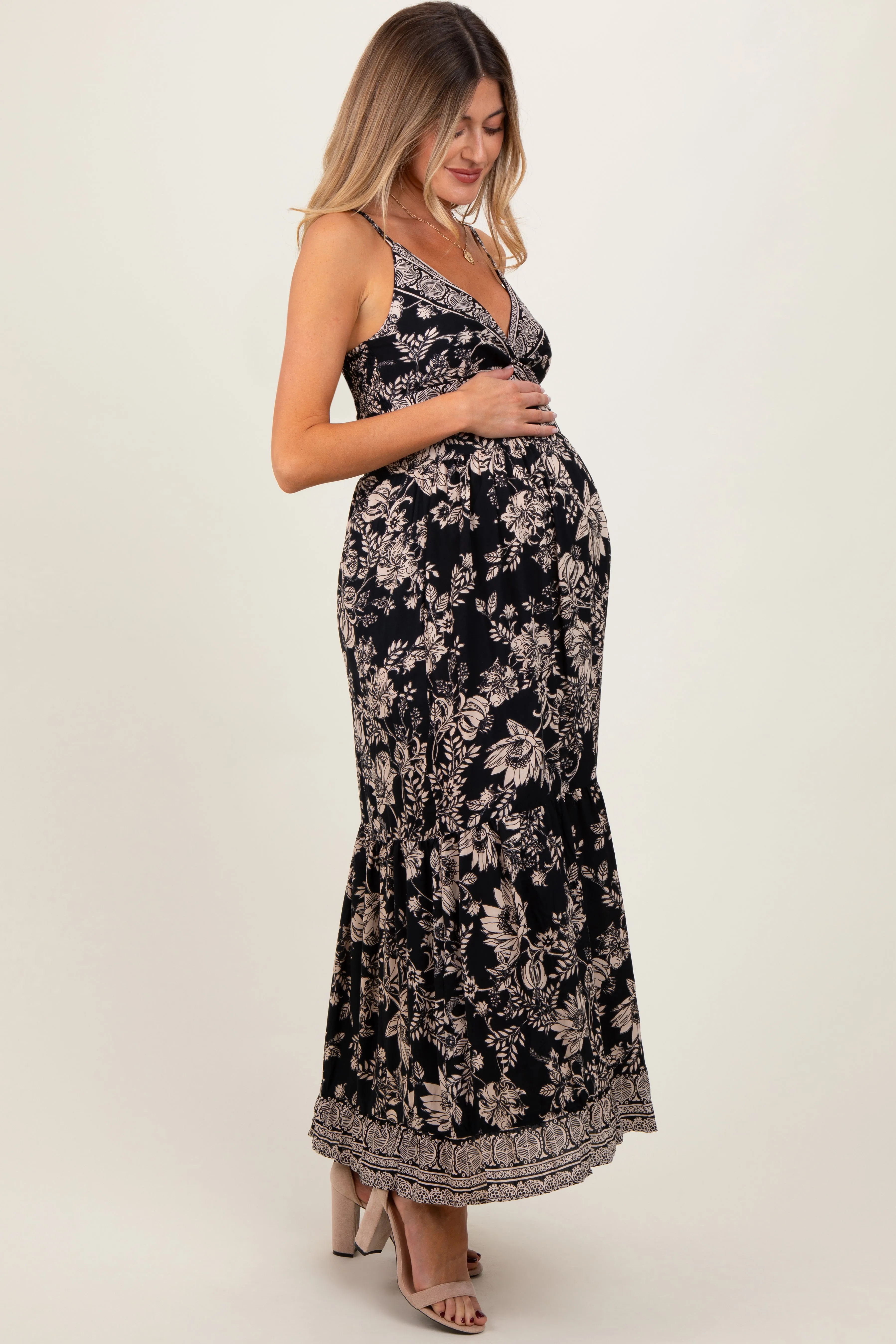 Black Floral Twist Front Cut Out Maternity Maxi Dress sold by Pinkblush product image thumbnail 3