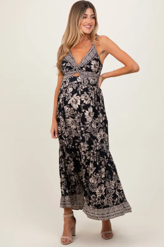 Black Floral Twist Front Cut Out Maternity Maxi Dress sold by Pinkblush
