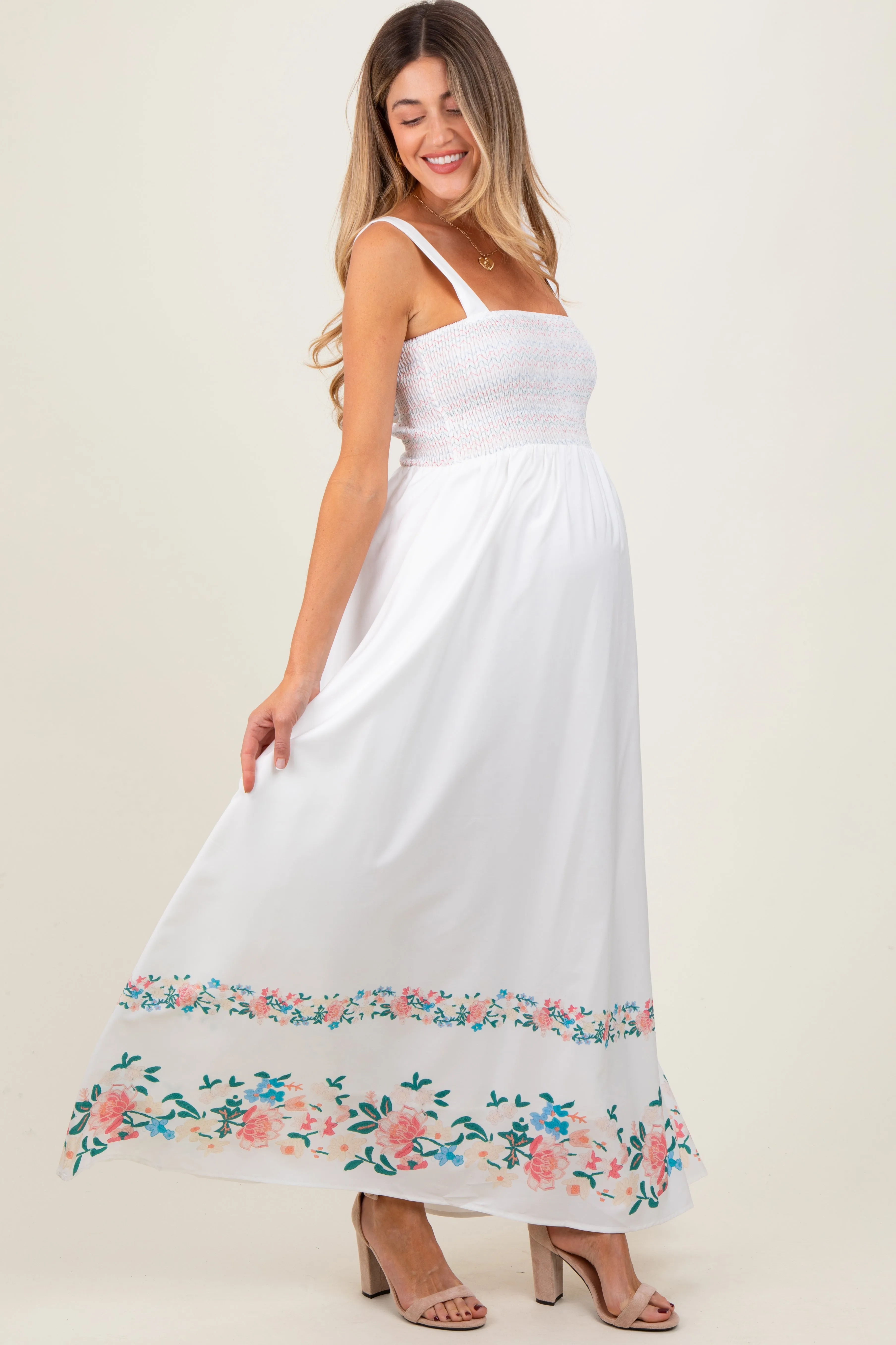 White Smocked Embroidered Floral Border Maternity Maxi Dress sold by Pinkblush product image thumbnail 3