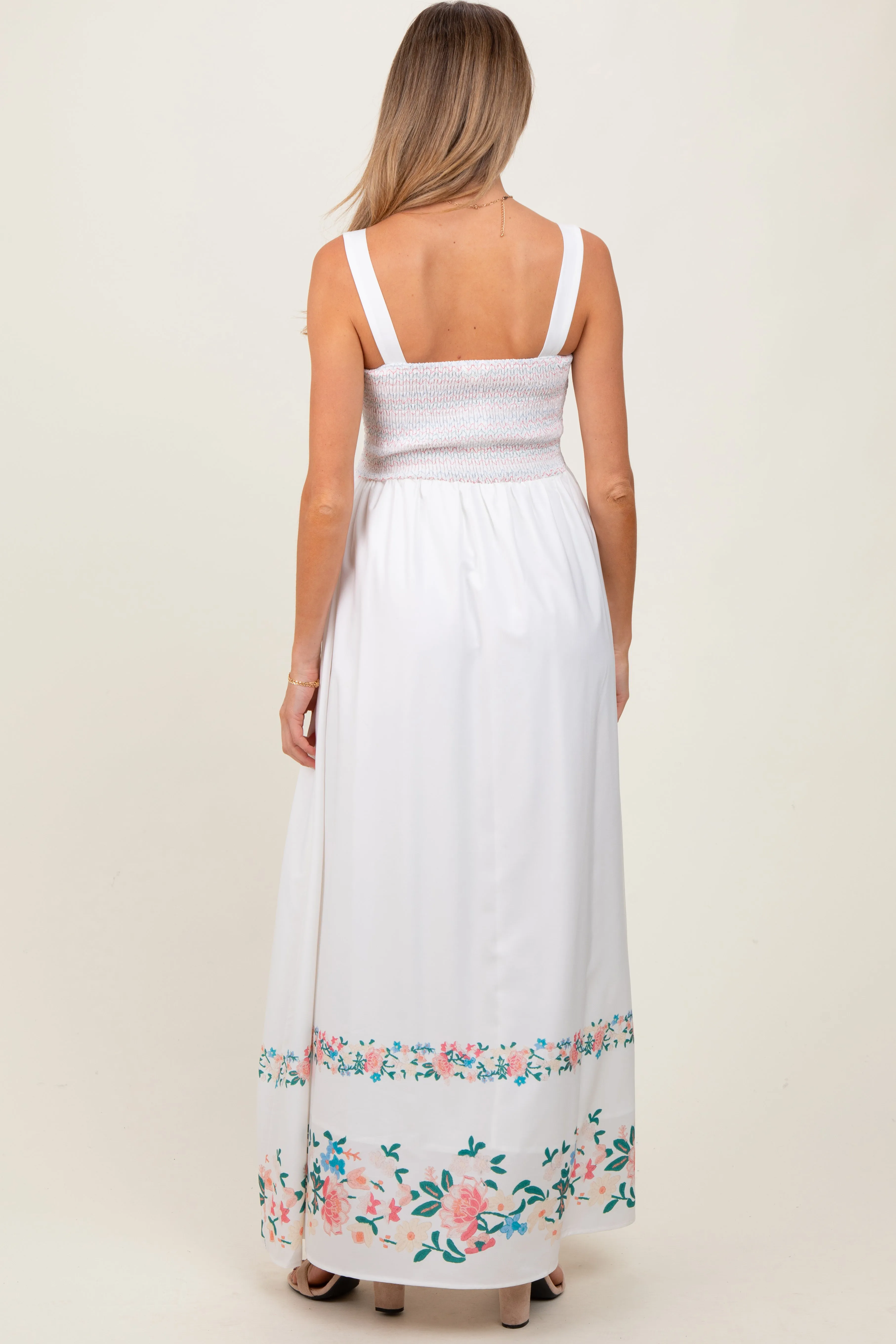 White Smocked Embroidered Floral Border Maternity Maxi Dress sold by Pinkblush product image thumbnail 4