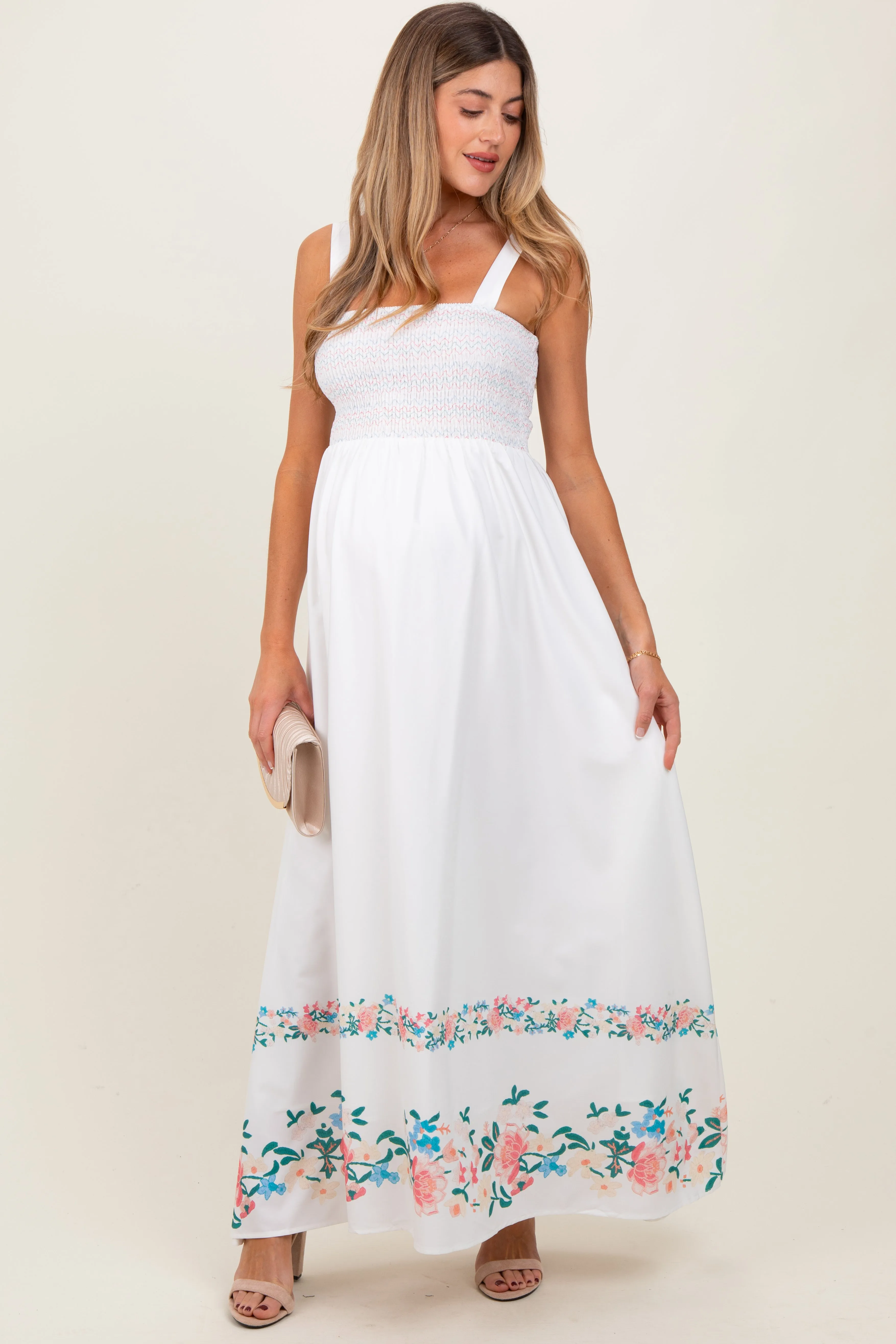 White Smocked Embroidered Floral Border Maternity Maxi Dress sold by Pinkblush