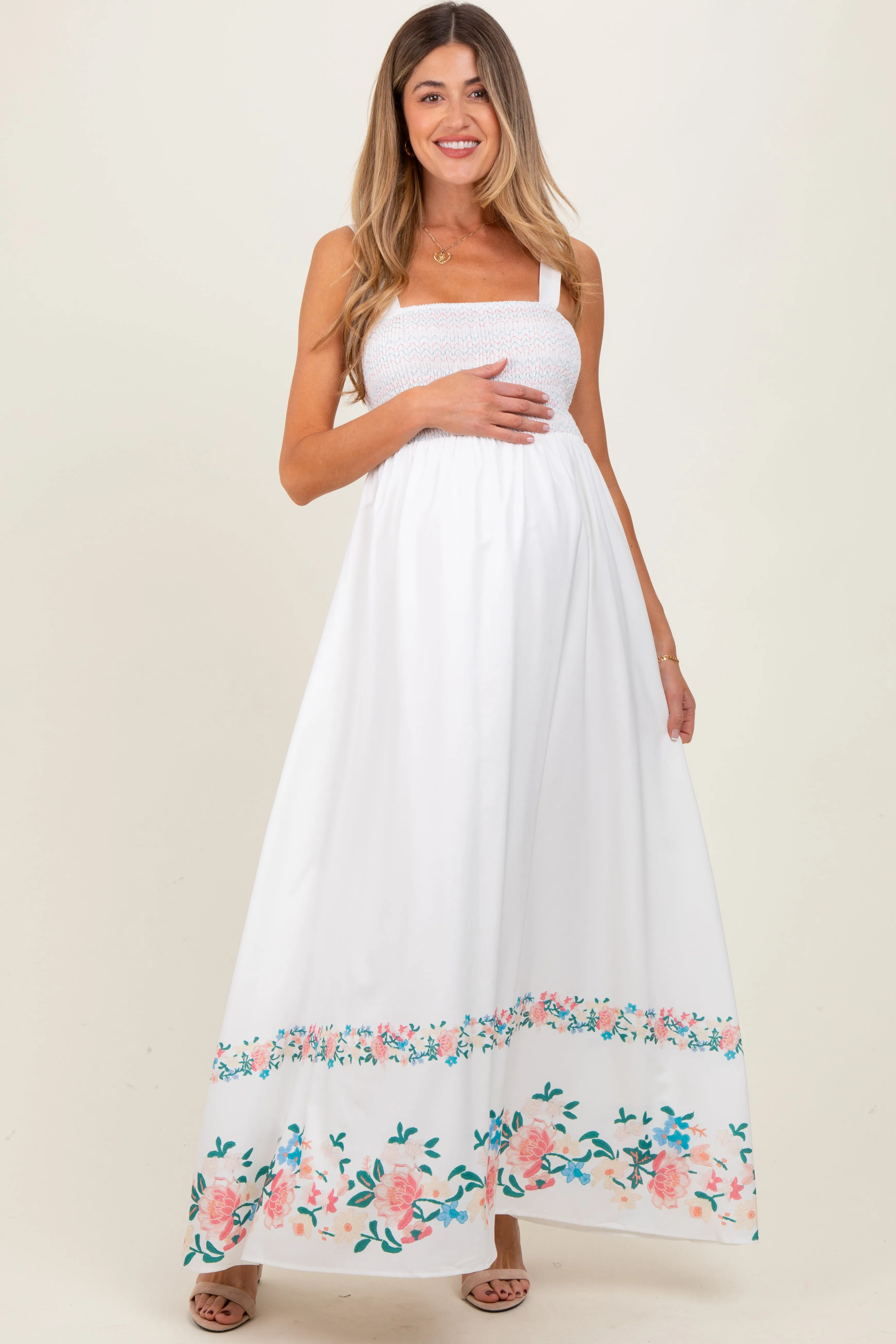 White Smocked Embroidered Floral Border Maternity Maxi Dress sold by Pinkblush product image thumbnail 2