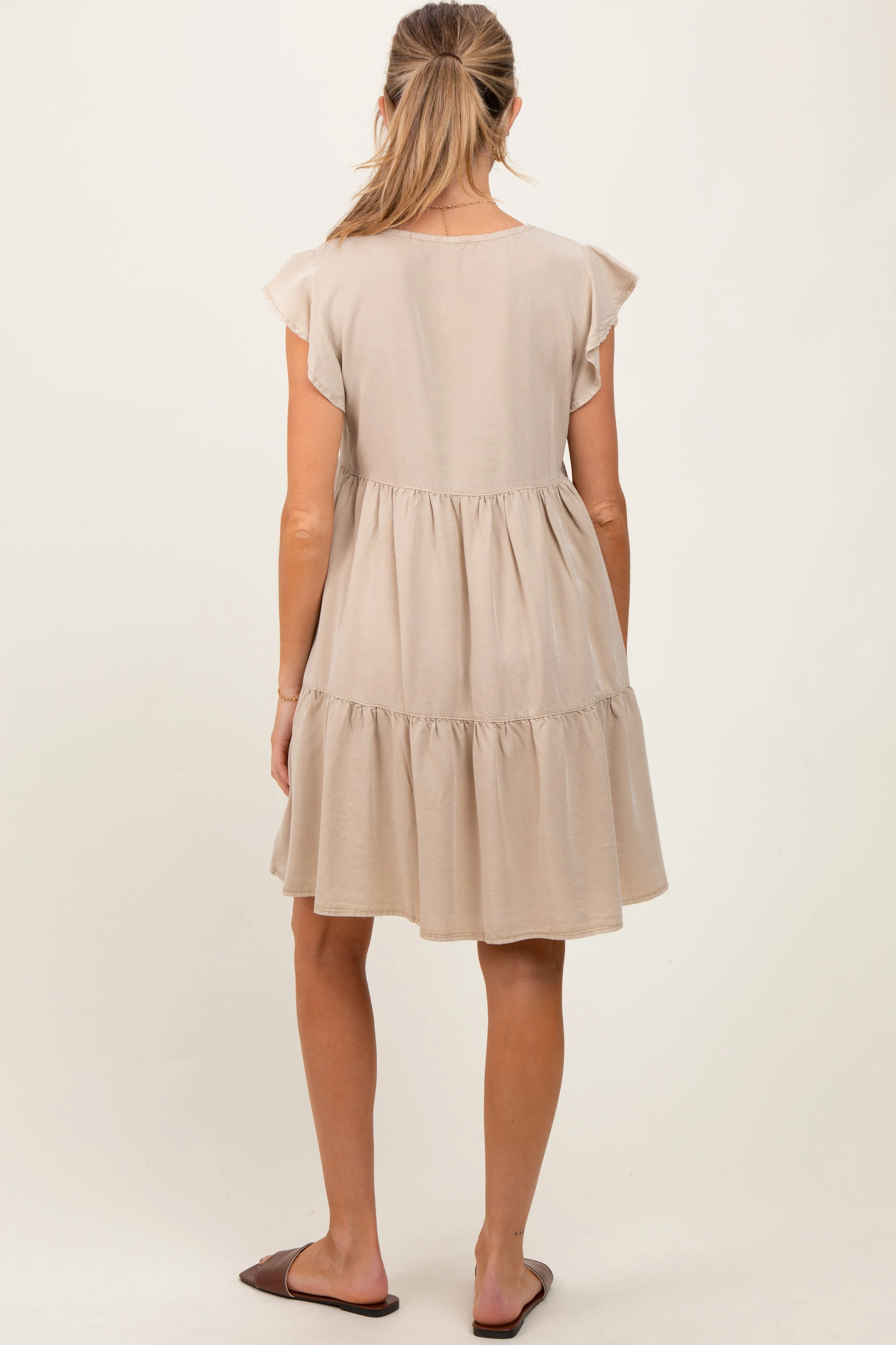 Beige Flutter Sleeve Tiered Maternity Dress sold by Pinkblush product image thumbnail 3